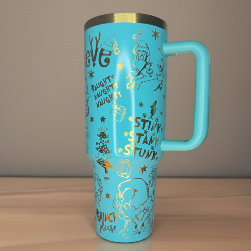 Blue Grinch Tumbler Cup, Christmas Quotes Pattern, Funny Holiday Mug with Handle and Straw, Christmas Gift for Grinch Fans