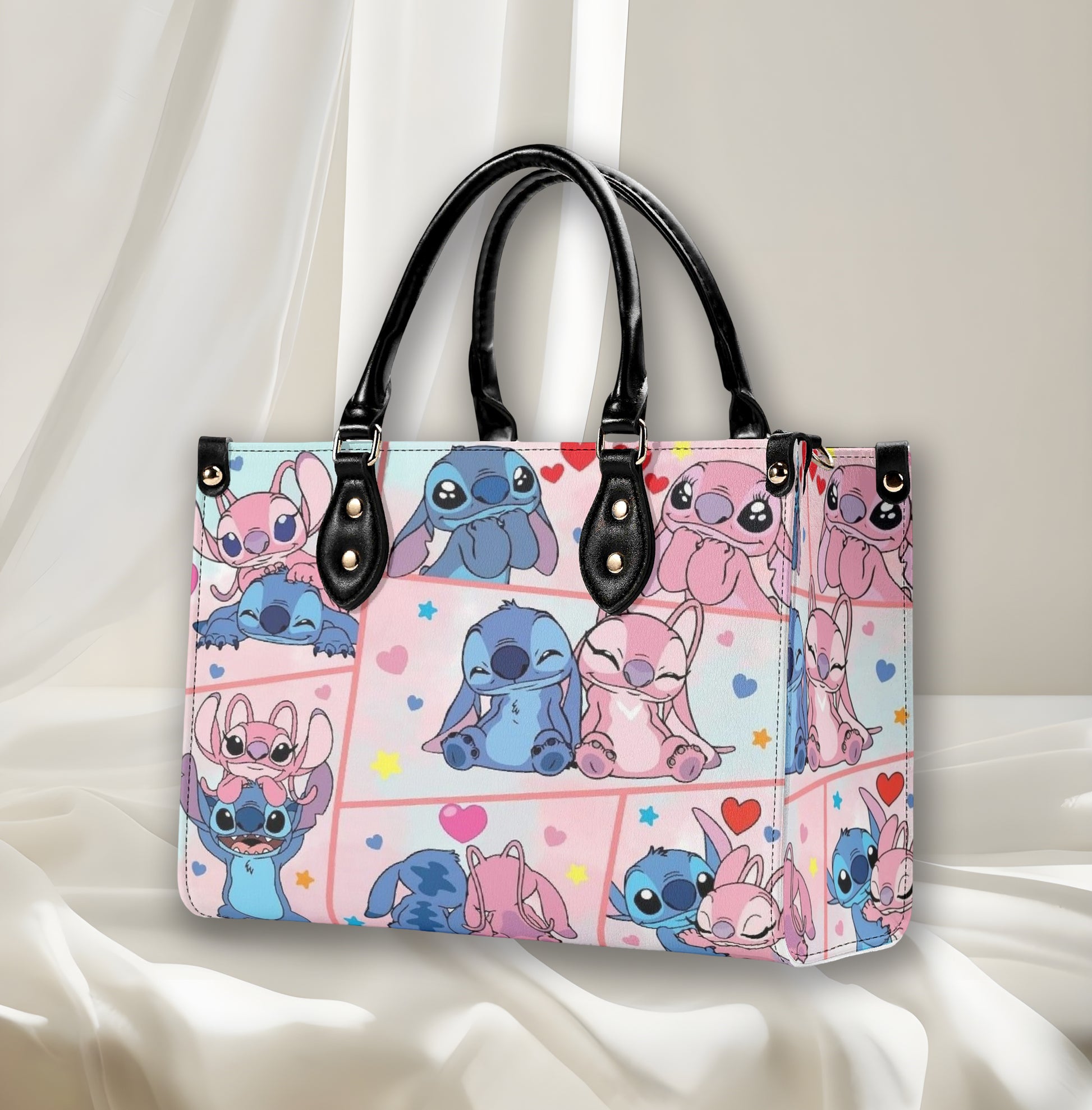 Stitch and Angel Handbag, Cute Cartoon Tote Bag with Black Leather Handles, Pink Blue Heart Pattern Purse for Women & Girls