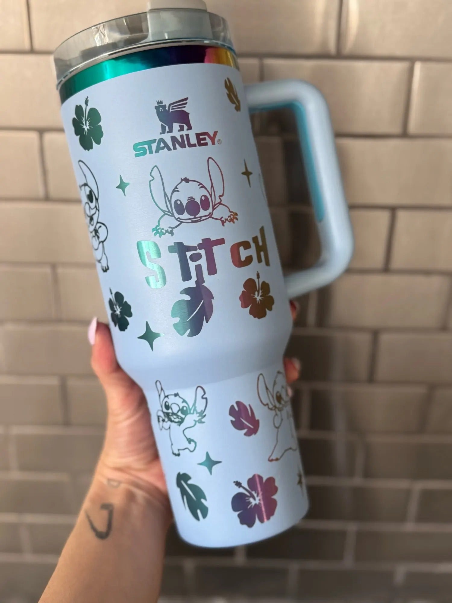 Custom Laser Stitch Stanley Tumbler, Portable Car Tumbler, Stitch Engraved Tumbler 40oz, Cartoon Drinkware, Stitch Tumbler Gift