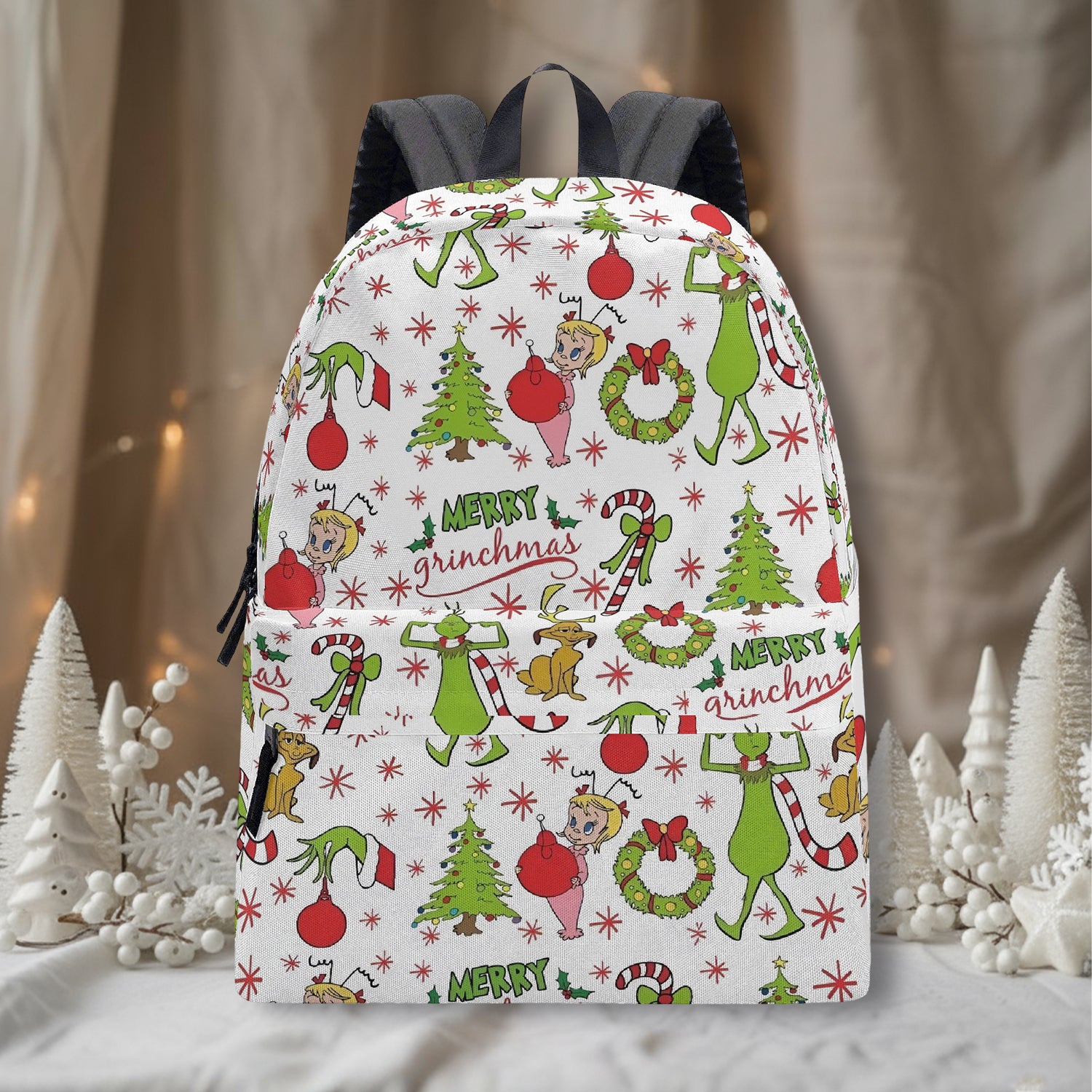 Grinch Backpack Merry Grinchmas, Cute Holiday Pattern, Christmas Gift, Allover Print, School Travel Bag BPGR28