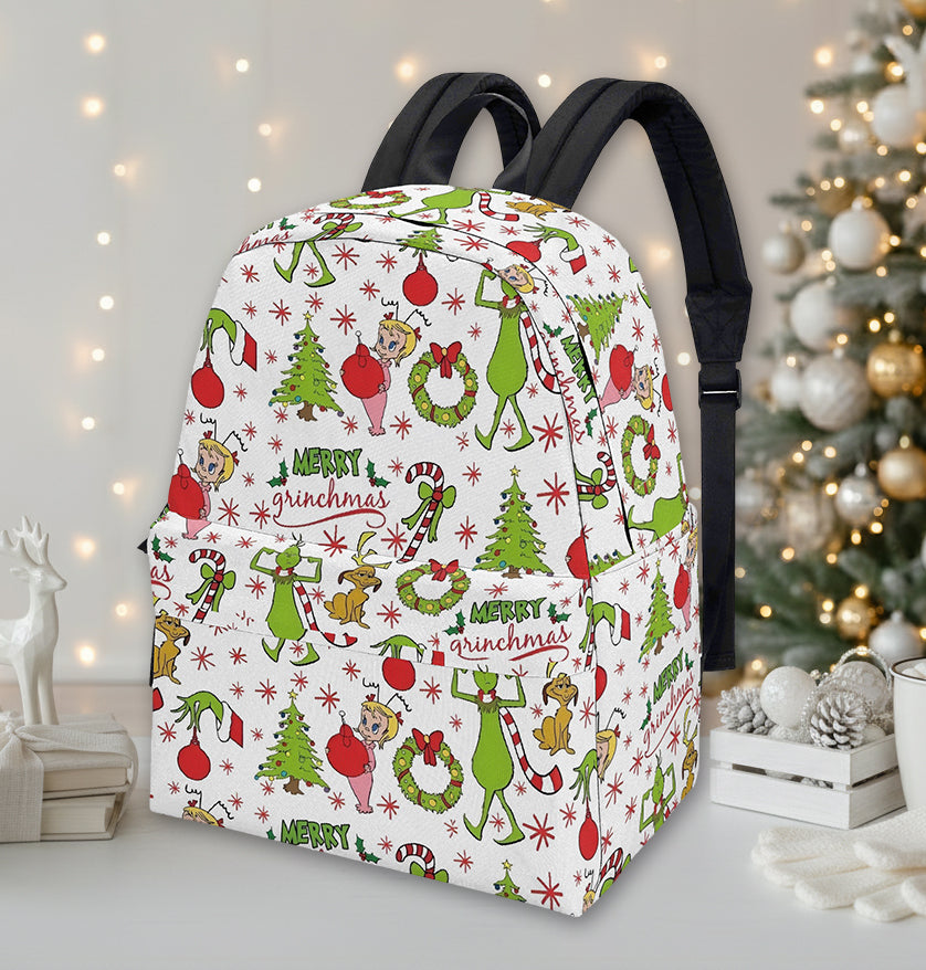 Grinch Backpack Merry Grinchmas, Cute Holiday Pattern, Christmas Gift, Allover Print, School Travel Bag BPGR28