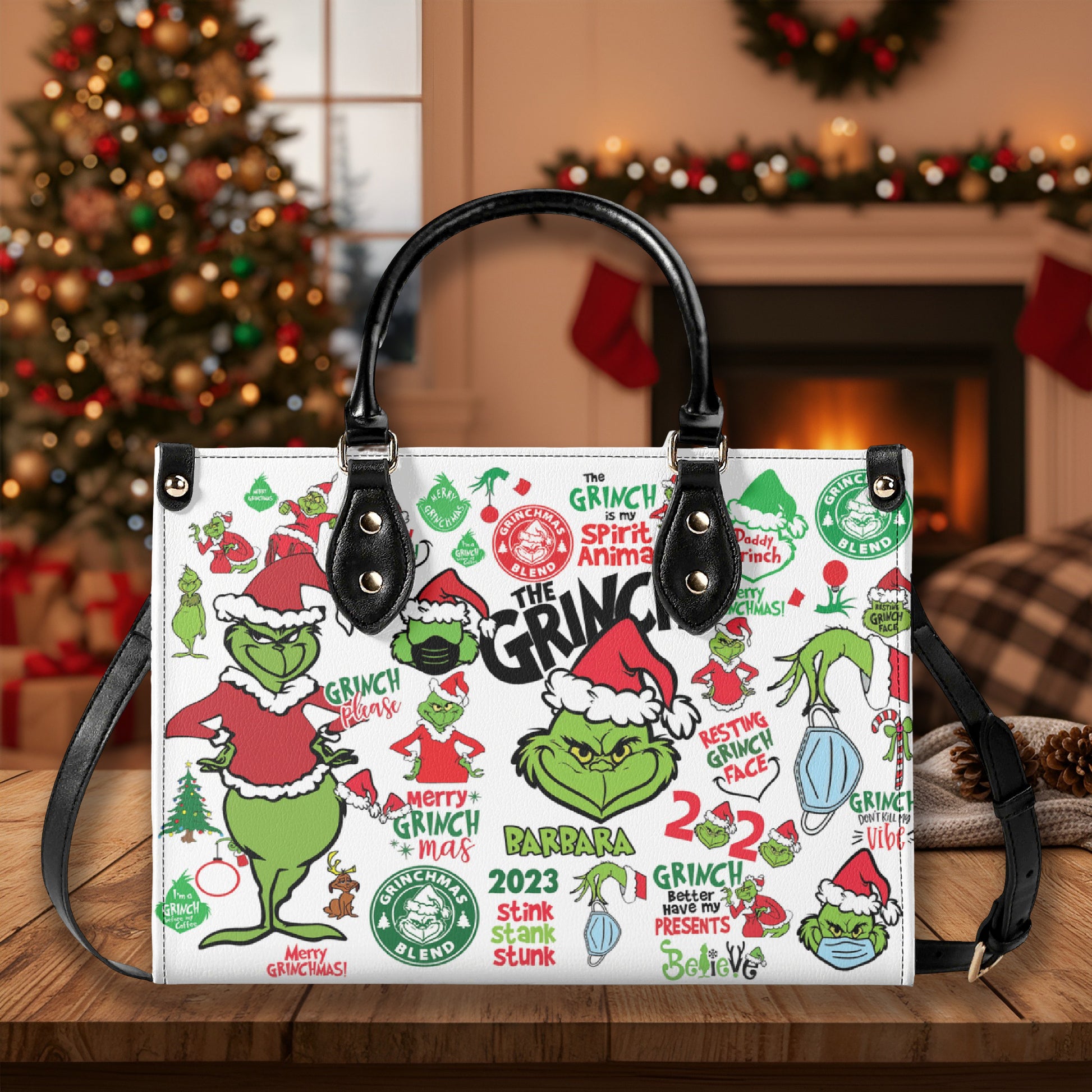 Christmas Grinch Santa HandBag, Funny Holiday Leather Bag, Personalized Christmas Gift, Grinchmas Purse, Festive Winter Accessory