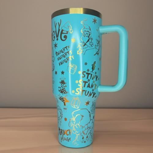 Blue Grinch Tumbler Cup, Christmas Quotes Pattern, Funny Holiday Mug with Handle and Straw, Christmas Gift for Grinch Fans