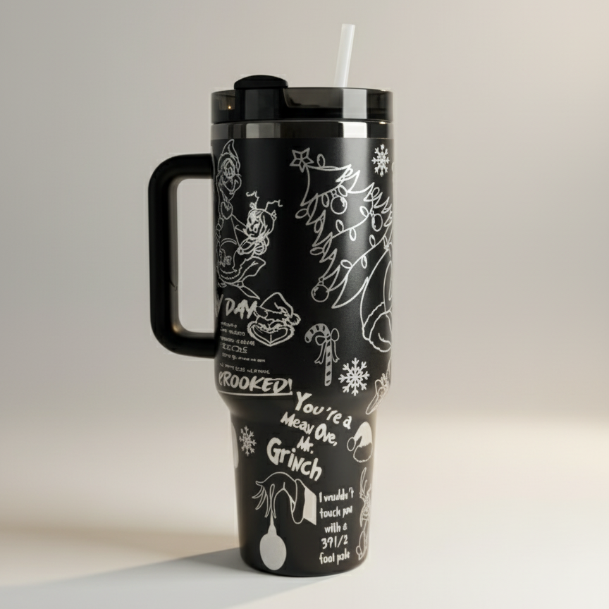 Grinch My Day Tumbler, Funny Quote Pattern Cup, Cute Holiday Gift, Travel Mug with Handle and Straw