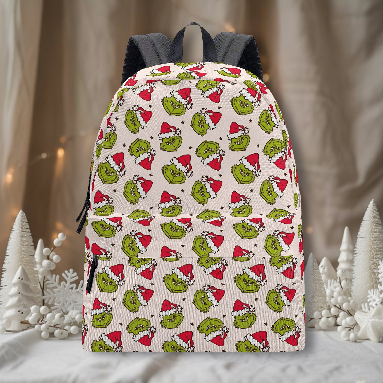 Grinch Backpack Neutral Beige, Santa Grinch Faces Pattern, Minimal Christmas Gift, Holiday Travel School Bag BPGR37