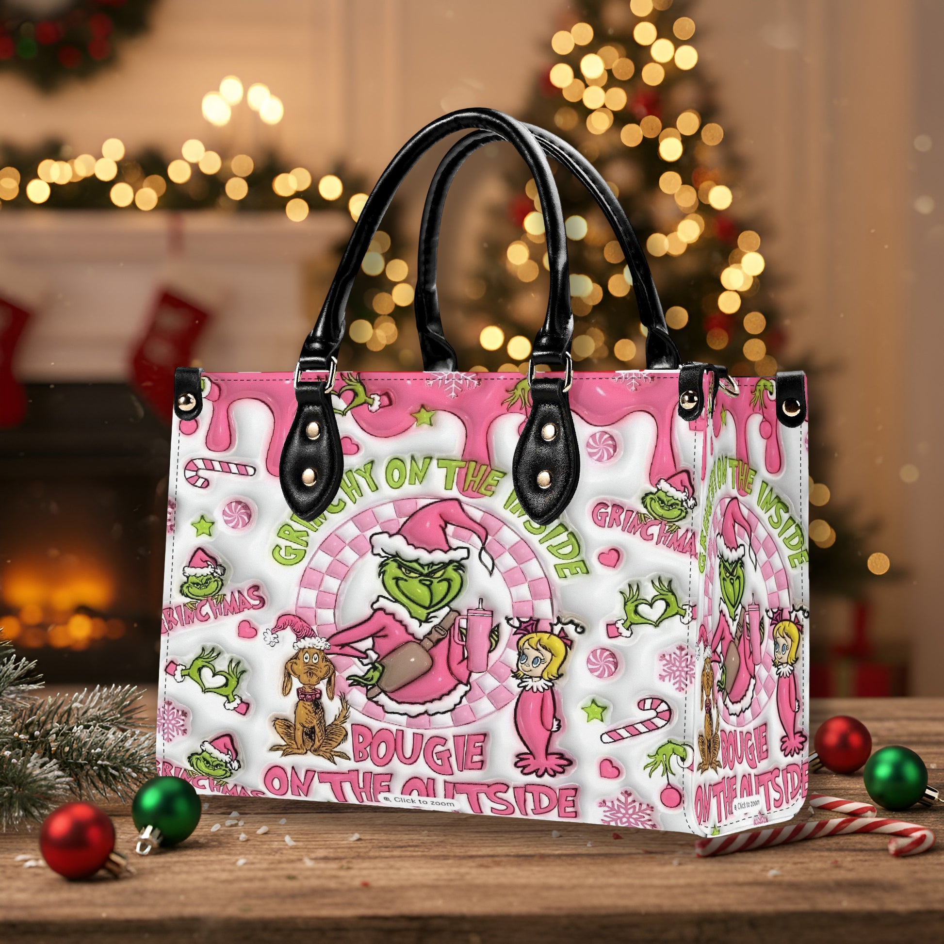 Pink Grinchmas HandBag, Bougie on the Outside Design, Funny Grinch Purse, Holiday Handbag for Her, Cute Christmas Gift