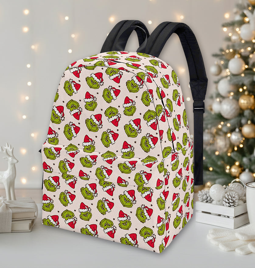 Grinch Backpack Neutral Beige, Santa Grinch Faces Pattern, Minimal Christmas Gift, Holiday Travel School Bag BPGR37