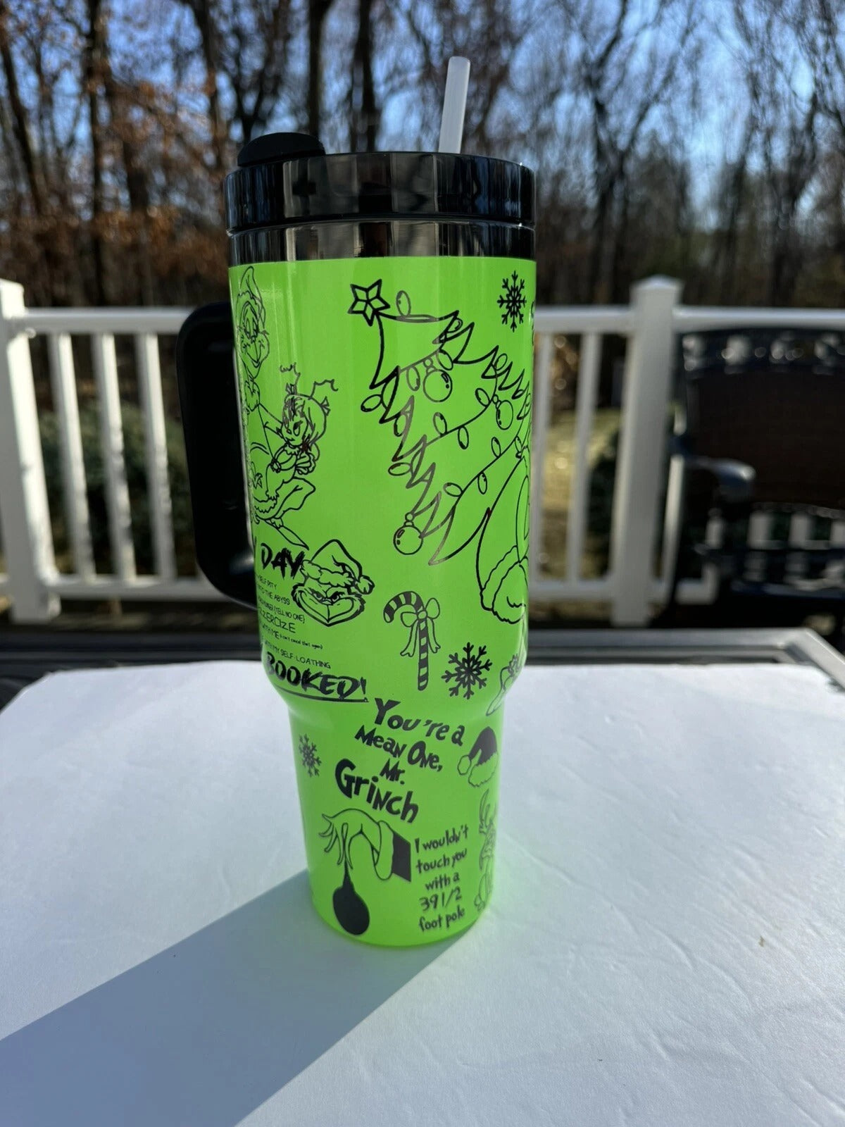 Grinch My Day Tumbler, Funny Quote Pattern Cup, Cute Holiday Gift, Travel Mug with Handle and Straw