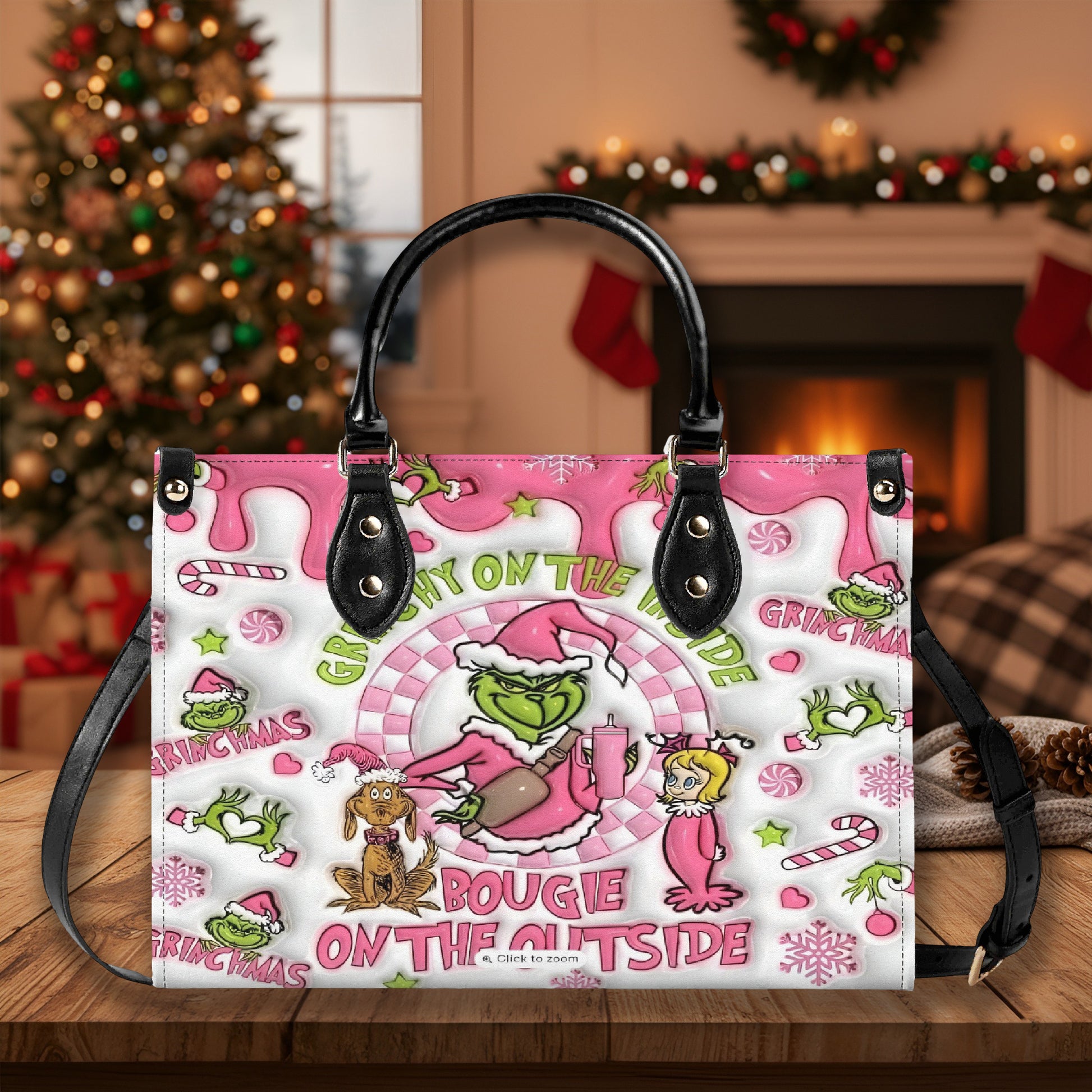 Pink Grinchmas HandBag, Bougie on the Outside Design, Funny Grinch Purse, Holiday Handbag for Her, Cute Christmas Gift