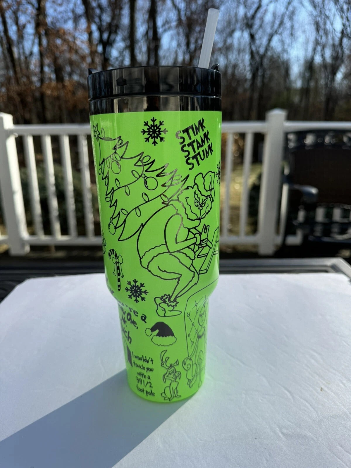 Grinch My Day Tumbler, Funny Quote Pattern Cup, Cute Holiday Gift, Travel Mug with Handle and Straw