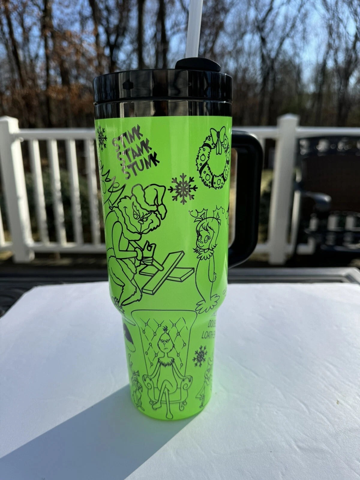 Grinch My Day Tumbler, Funny Quote Pattern Cup, Cute Holiday Gift, Travel Mug with Handle and Straw