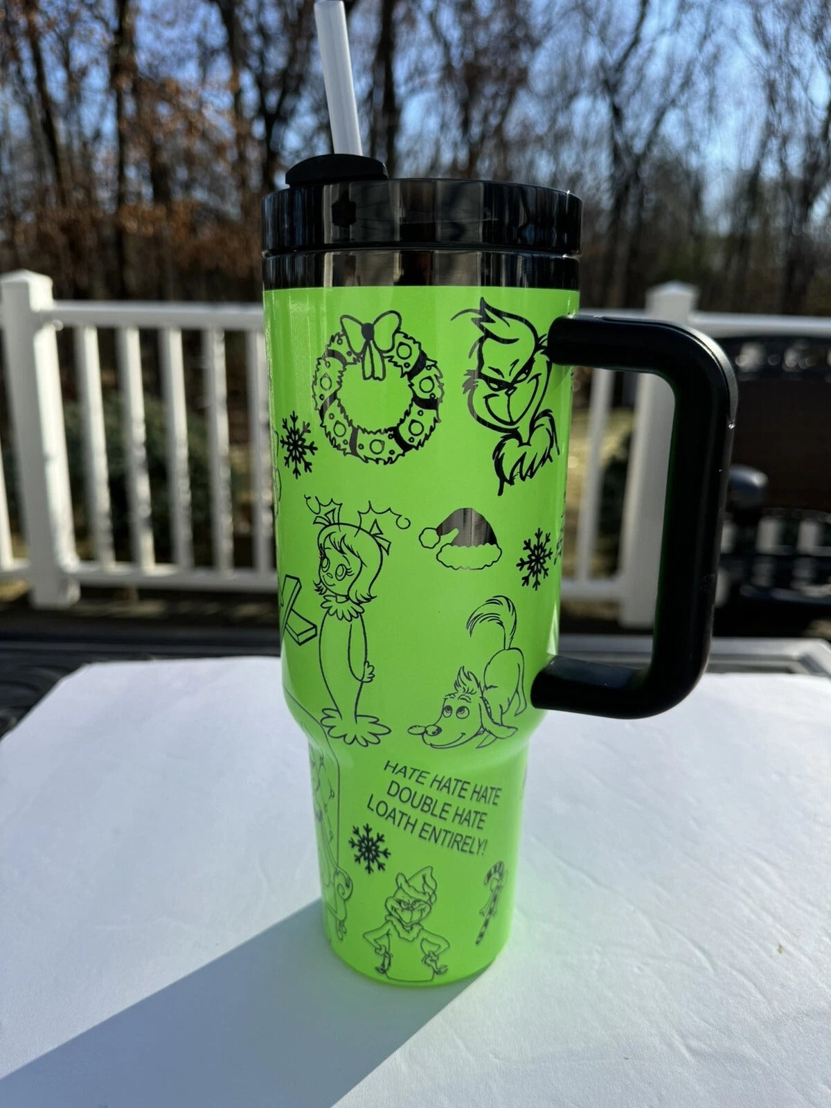 Grinch My Day Tumbler, Funny Quote Pattern Cup, Cute Holiday Gift, Travel Mug with Handle and Straw