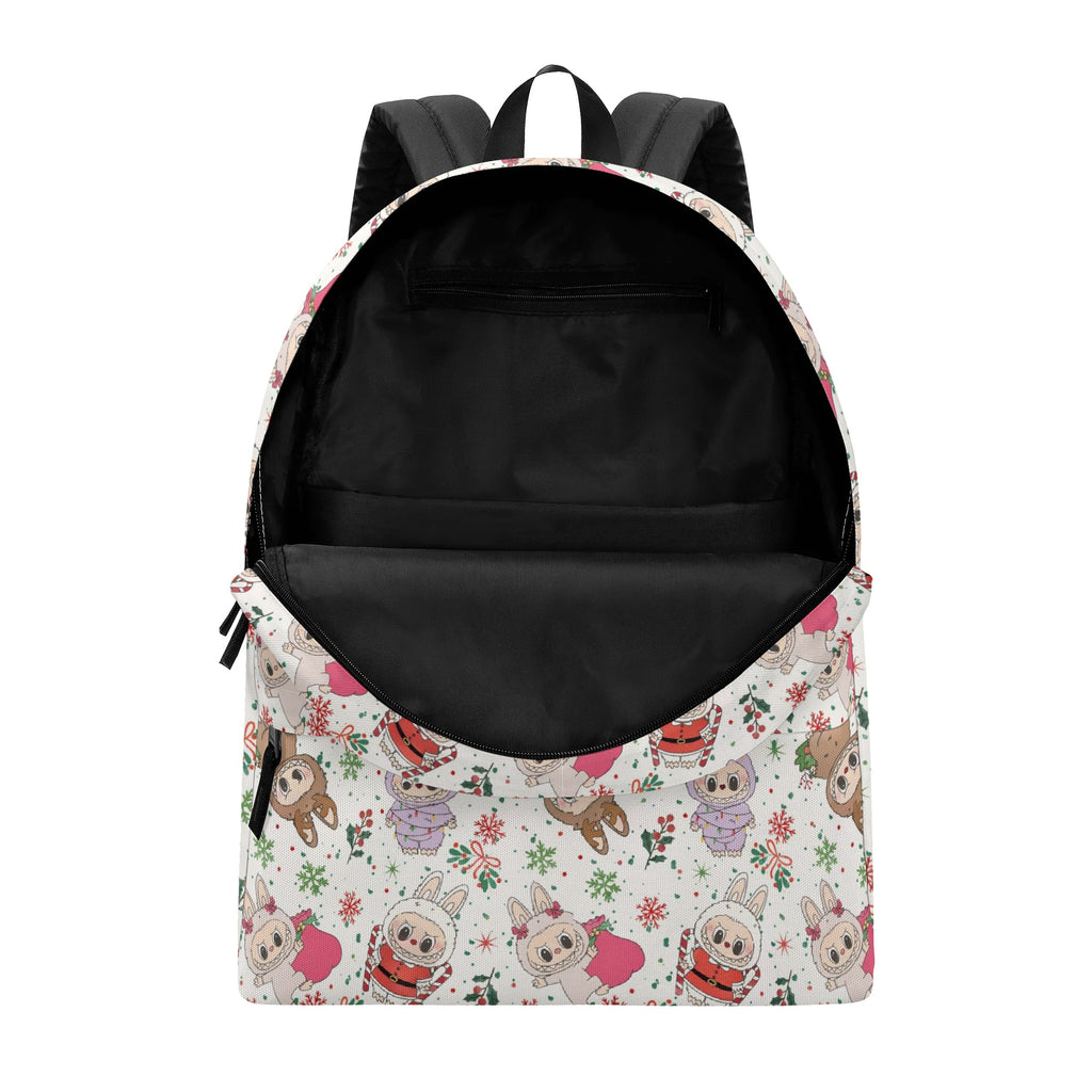 Christmas Labubu Backpack, Cute Holiday Cartoon School Bag with Snowflakes & Candy Canes, Winter Labubu Bookbag Gift for Kids BPGR03