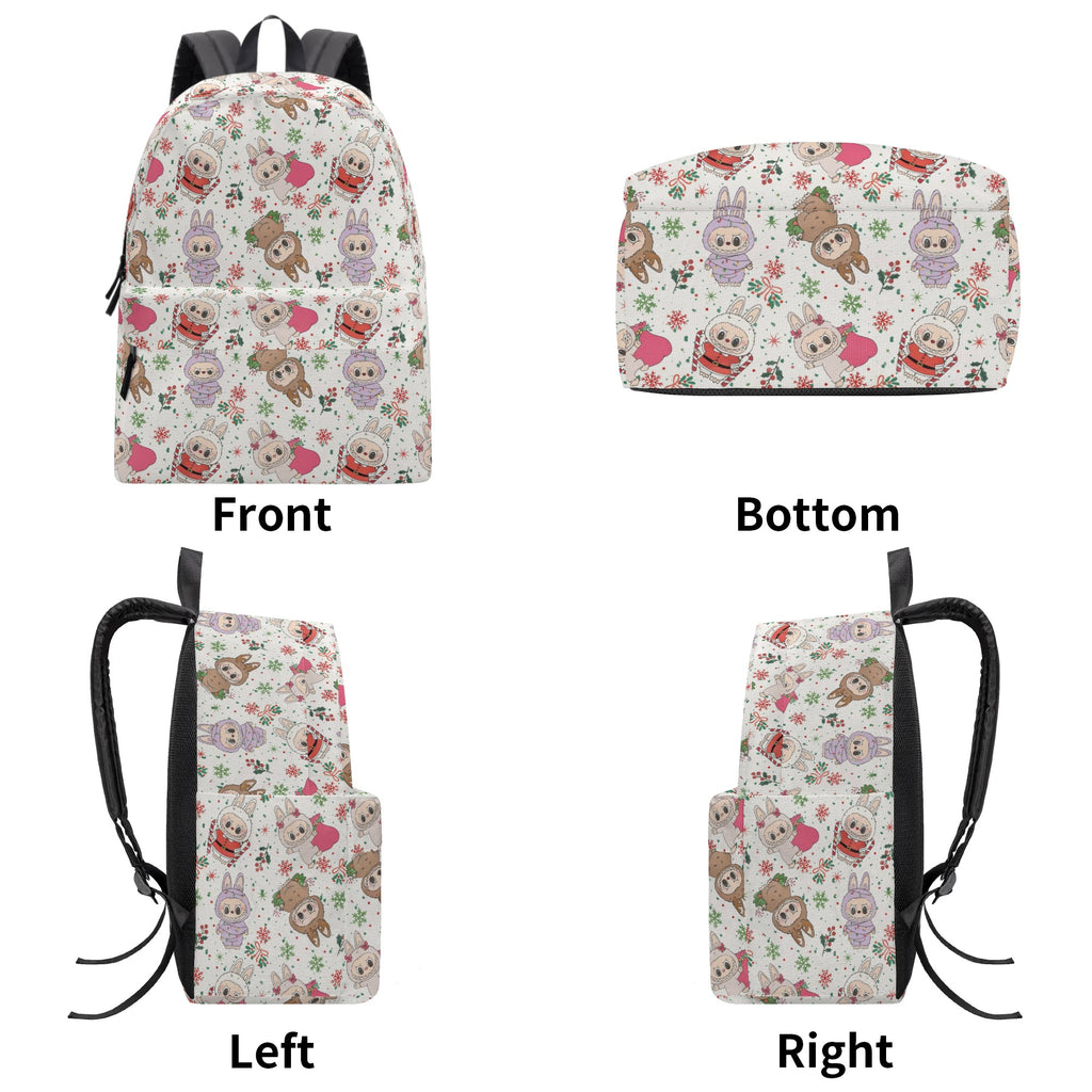 Christmas Labubu Backpack, Cute Holiday Cartoon School Bag with Snowflakes & Candy Canes, Winter Labubu Bookbag Gift for Kids BPGR03