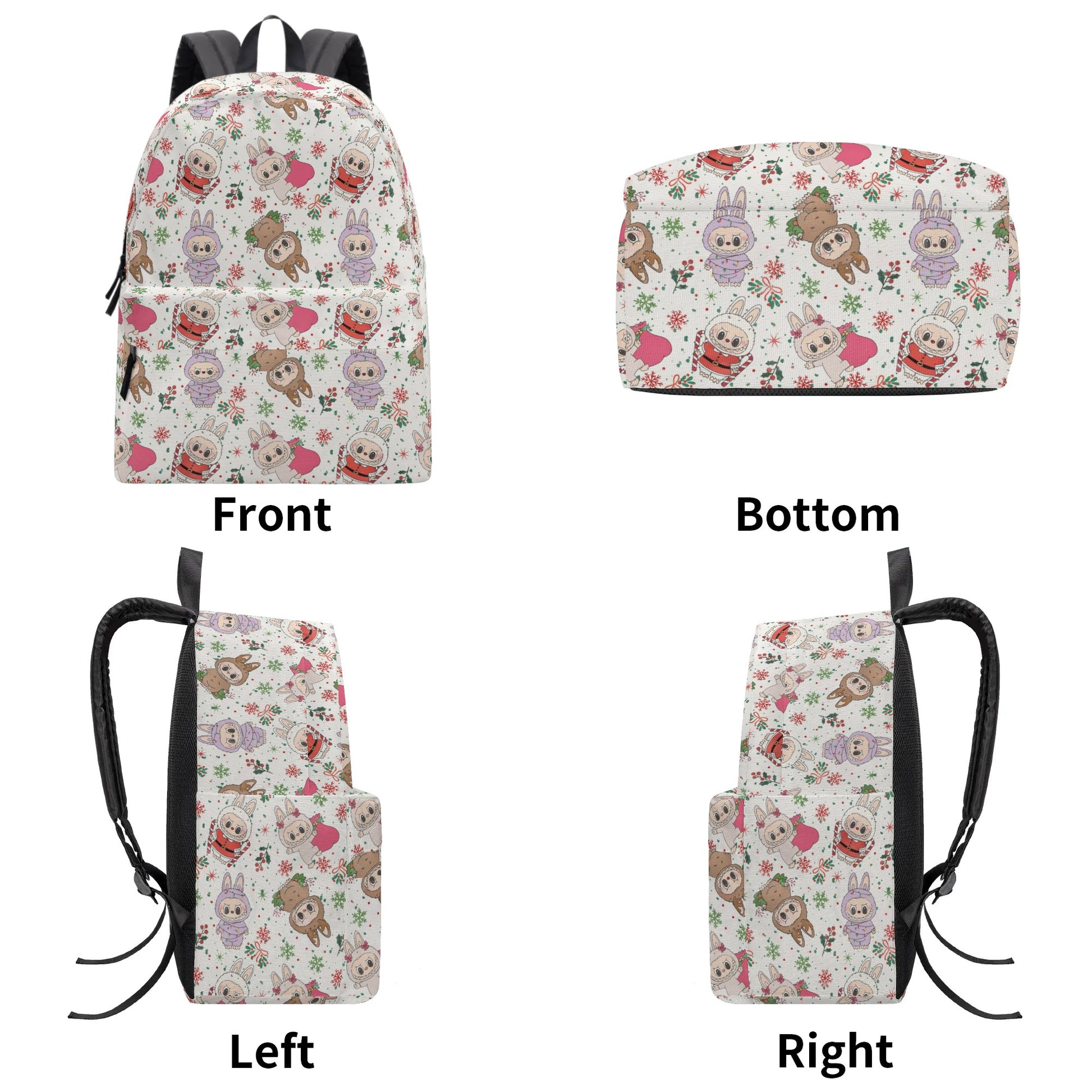 Christmas Labubu Backpack, Cute Holiday Cartoon School Bag with Snowflakes & Candy Canes, Winter Labubu Bookbag Gift for Kids BPGR03