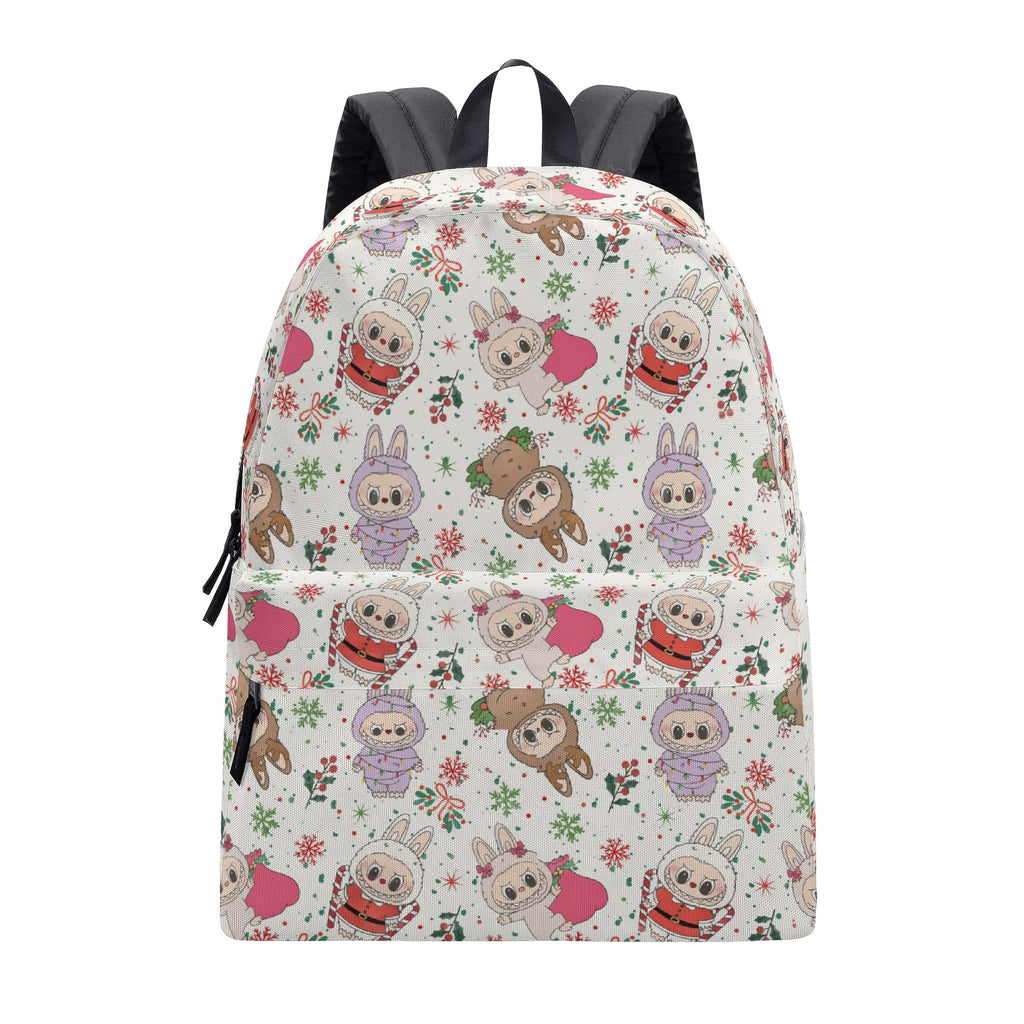 Christmas Labubu Backpack, Cute Holiday Cartoon School Bag with Snowflakes & Candy Canes, Winter Labubu Bookbag Gift for Kids BPGR03