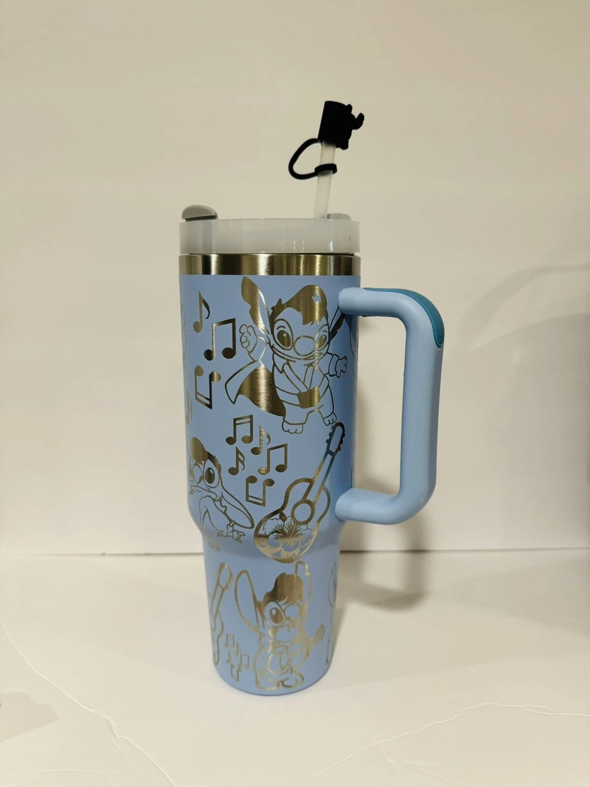 Lilo & Stitch Music Tumbler with Handle – Cute Insulated Travel Mug with Guitar & Notes Design, Blue Stainless Steel Cup Gift