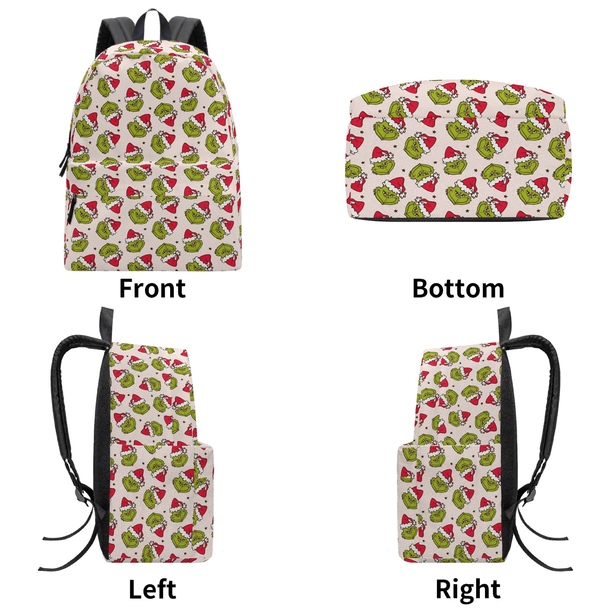 Grinch Backpack Neutral Beige, Santa Grinch Faces Pattern, Minimal Christmas Gift, Holiday Travel School Bag BPGR37
