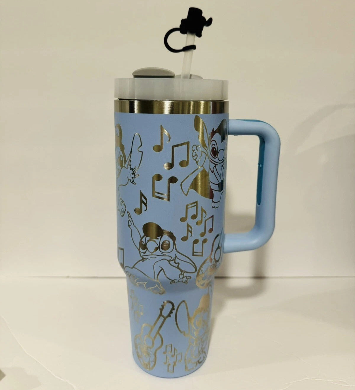 Lilo & Stitch Music Tumbler with Handle – Cute Insulated Travel Mug with Guitar & Notes Design, Blue Stainless Steel Cup Gift