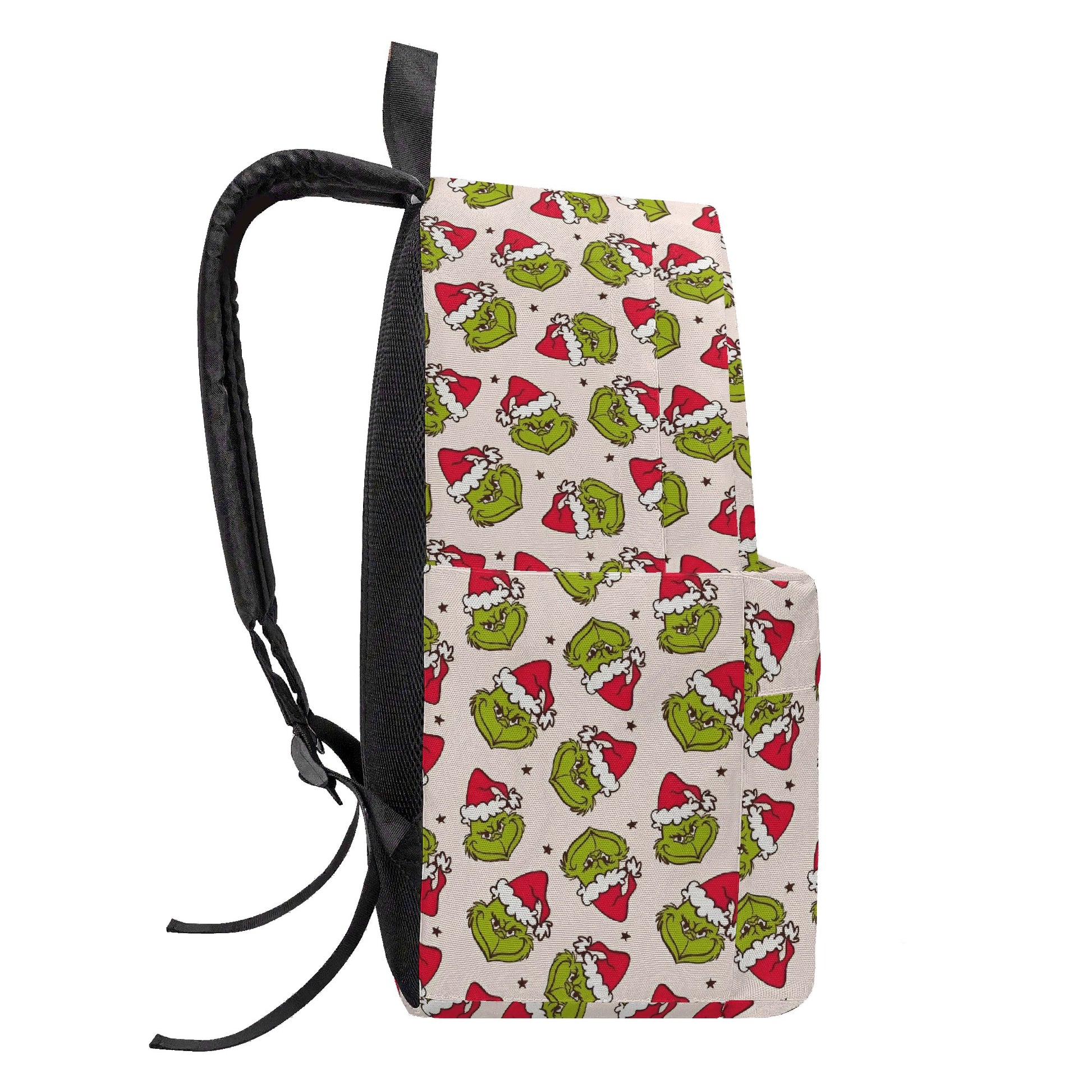 Grinch Backpack Neutral Beige, Santa Grinch Faces Pattern, Minimal Christmas Gift, Holiday Travel School Bag BPGR37