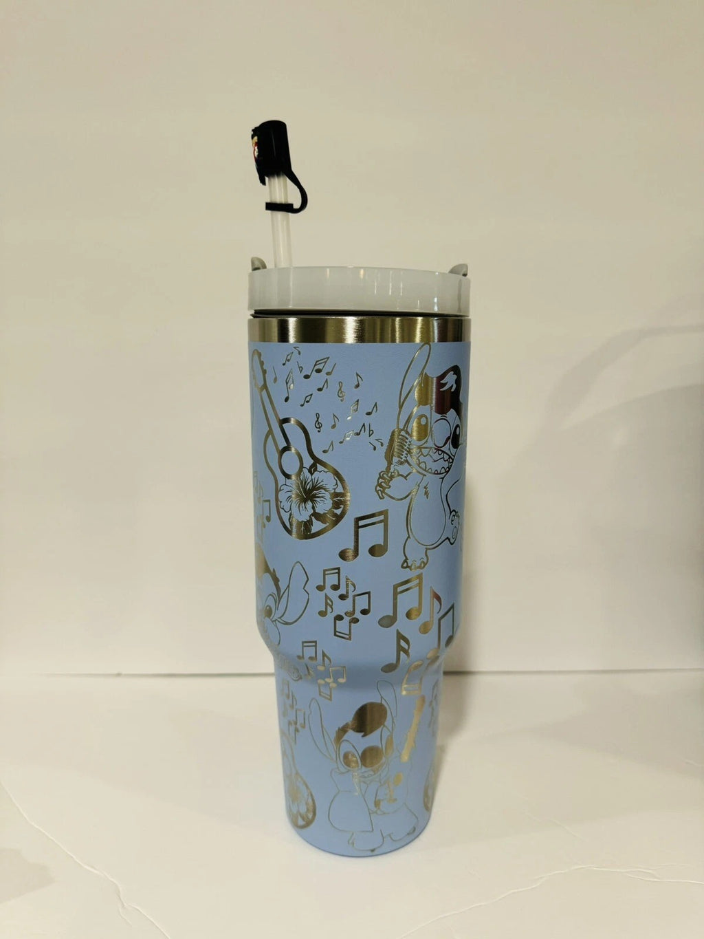Lilo & Stitch Music Tumbler with Handle – Cute Insulated Travel Mug with Guitar & Notes Design, Blue Stainless Steel Cup Gift