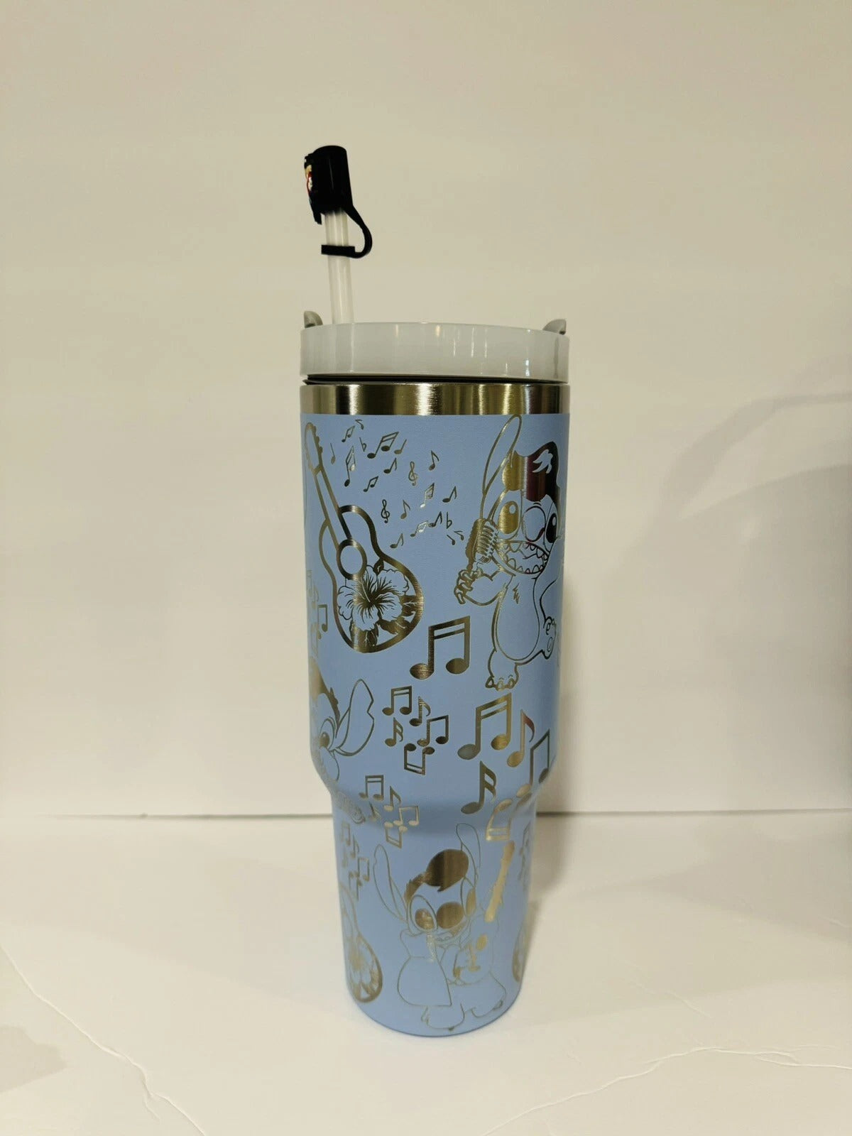 Lilo & Stitch Music Tumbler with Handle – Cute Insulated Travel Mug with Guitar & Notes Design, Blue Stainless Steel Cup Gift