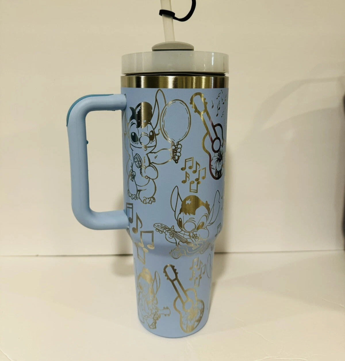 Lilo & Stitch Music Tumbler with Handle – Cute Insulated Travel Mug with Guitar & Notes Design, Blue Stainless Steel Cup Gift