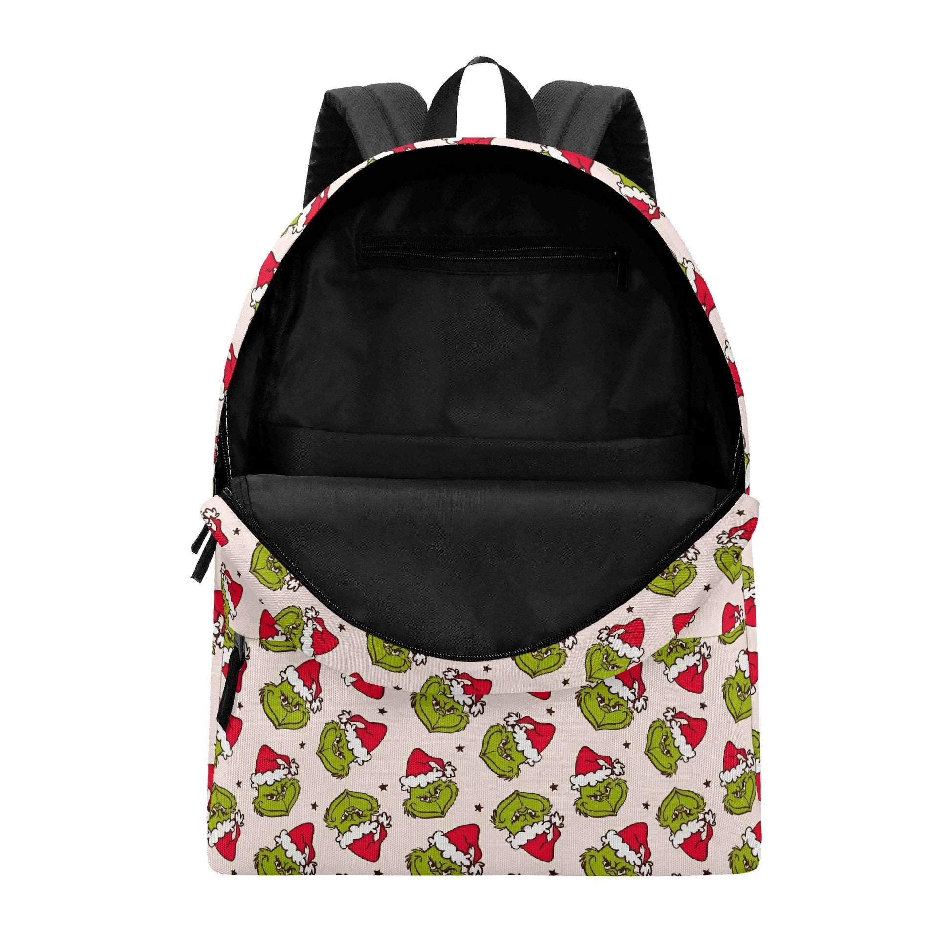 Grinch Backpack Neutral Beige, Santa Grinch Faces Pattern, Minimal Christmas Gift, Holiday Travel School Bag BPGR37