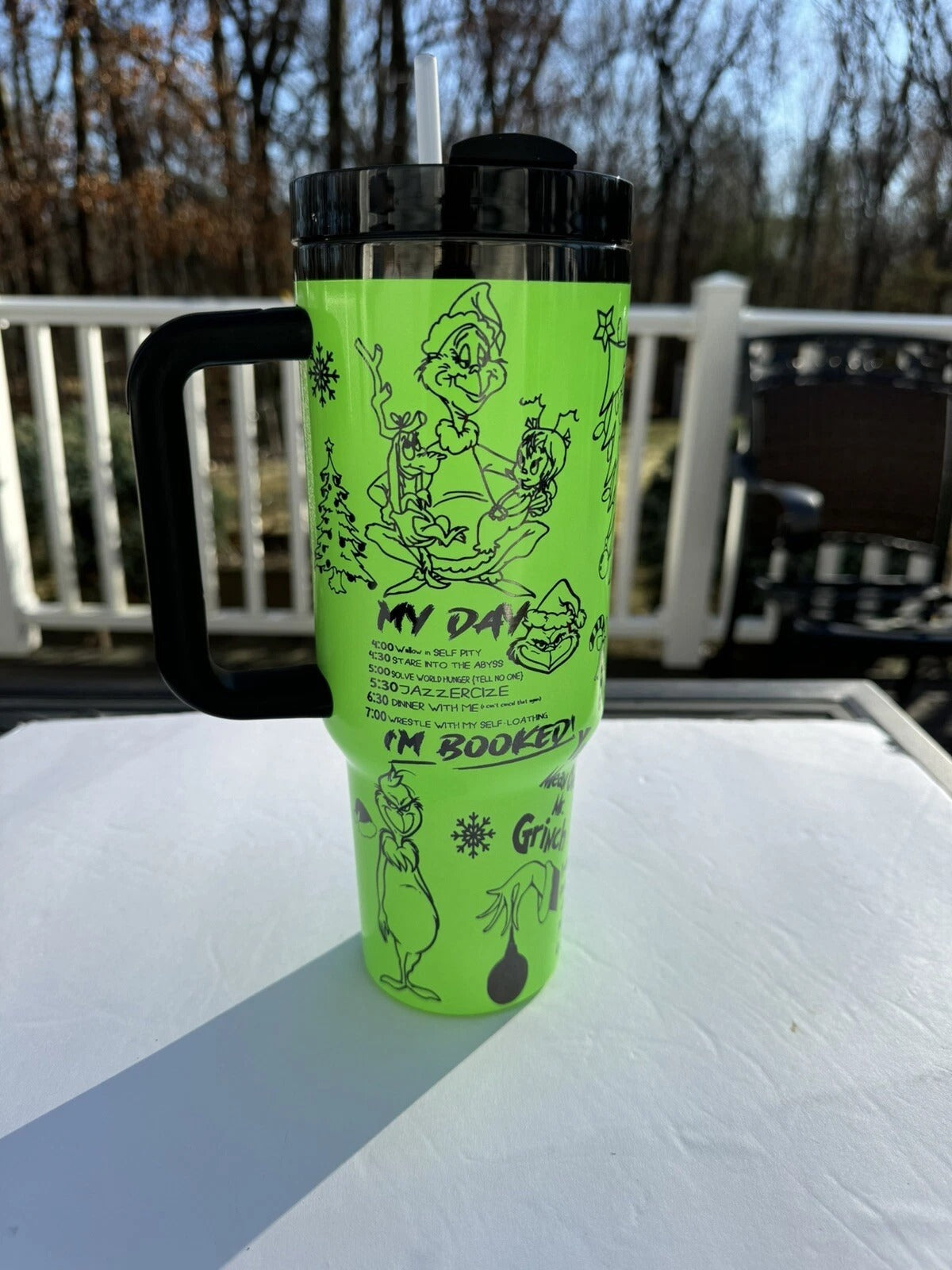 Grinch My Day Tumbler, Funny Quote Pattern Cup, Cute Holiday Gift, Travel Mug with Handle and Straw