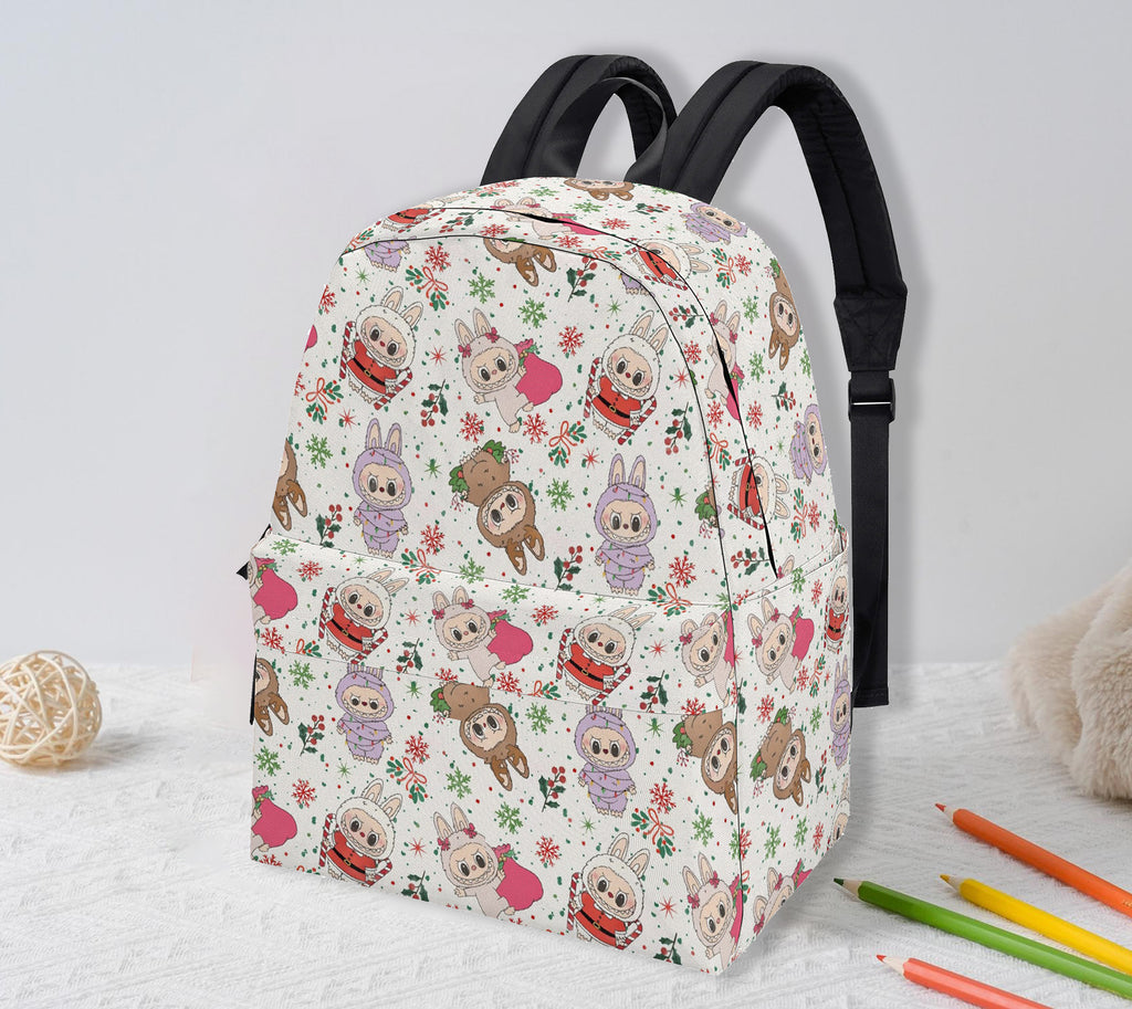 Christmas Labubu Backpack, Cute Holiday Cartoon School Bag with Snowflakes & Candy Canes, Winter Labubu Bookbag Gift for Kids BPGR03