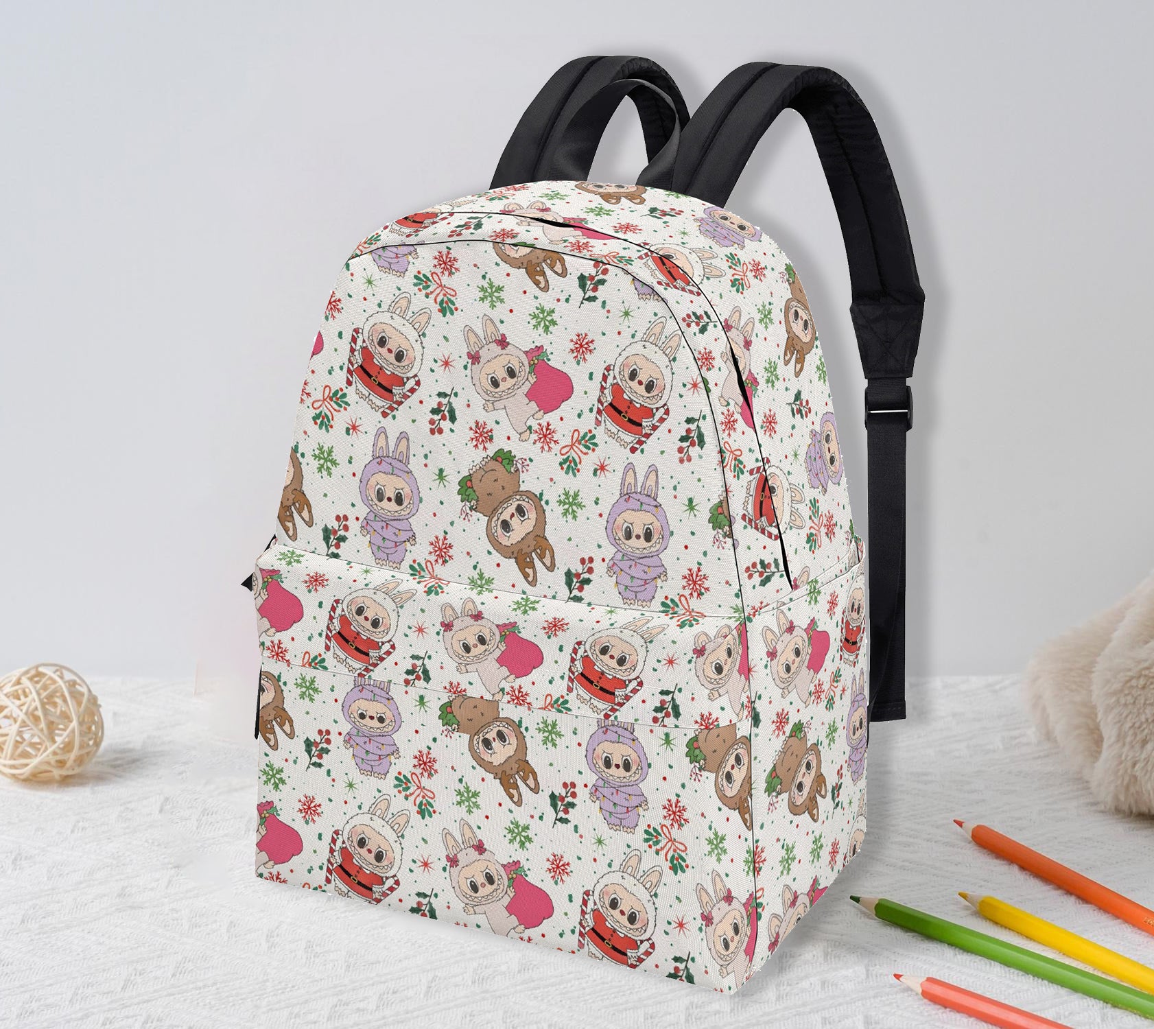 Christmas Labubu Backpack, Cute Holiday Cartoon School Bag with Snowflakes & Candy Canes, Winter Labubu Bookbag Gift for Kids BPGR03