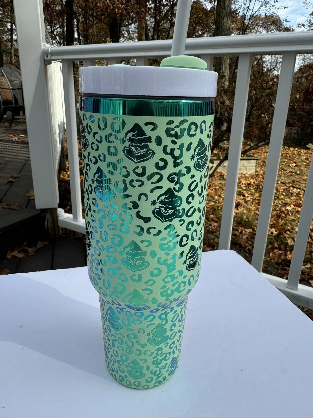 Grinch Leopard Print Tumbler, Funny Christmas Mug with Handle and Straw, Holiday Gift for Grinch Lovers