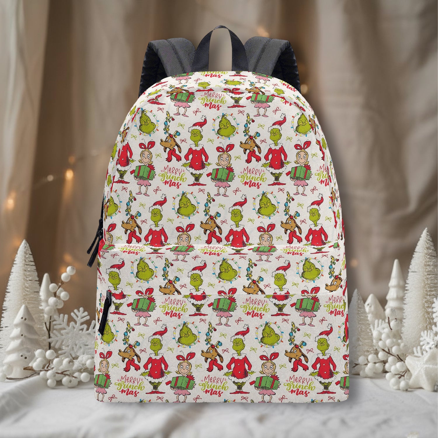 Grinch Merry Much Mas Backpack, Cute Holiday Character Pattern, Funny Christmas Gift Bag, Travel School Backpack BPGR38