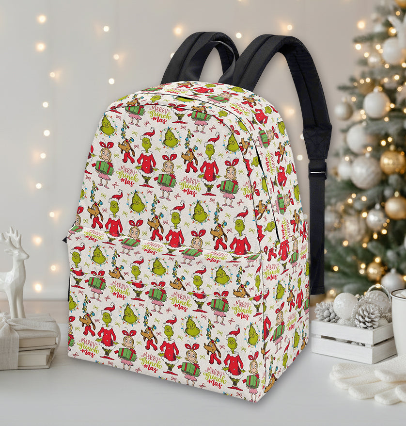 Grinch Merry Much Mas Backpack, Cute Holiday Character Pattern, Funny Christmas Gift Bag, Travel School Backpack BPGR38