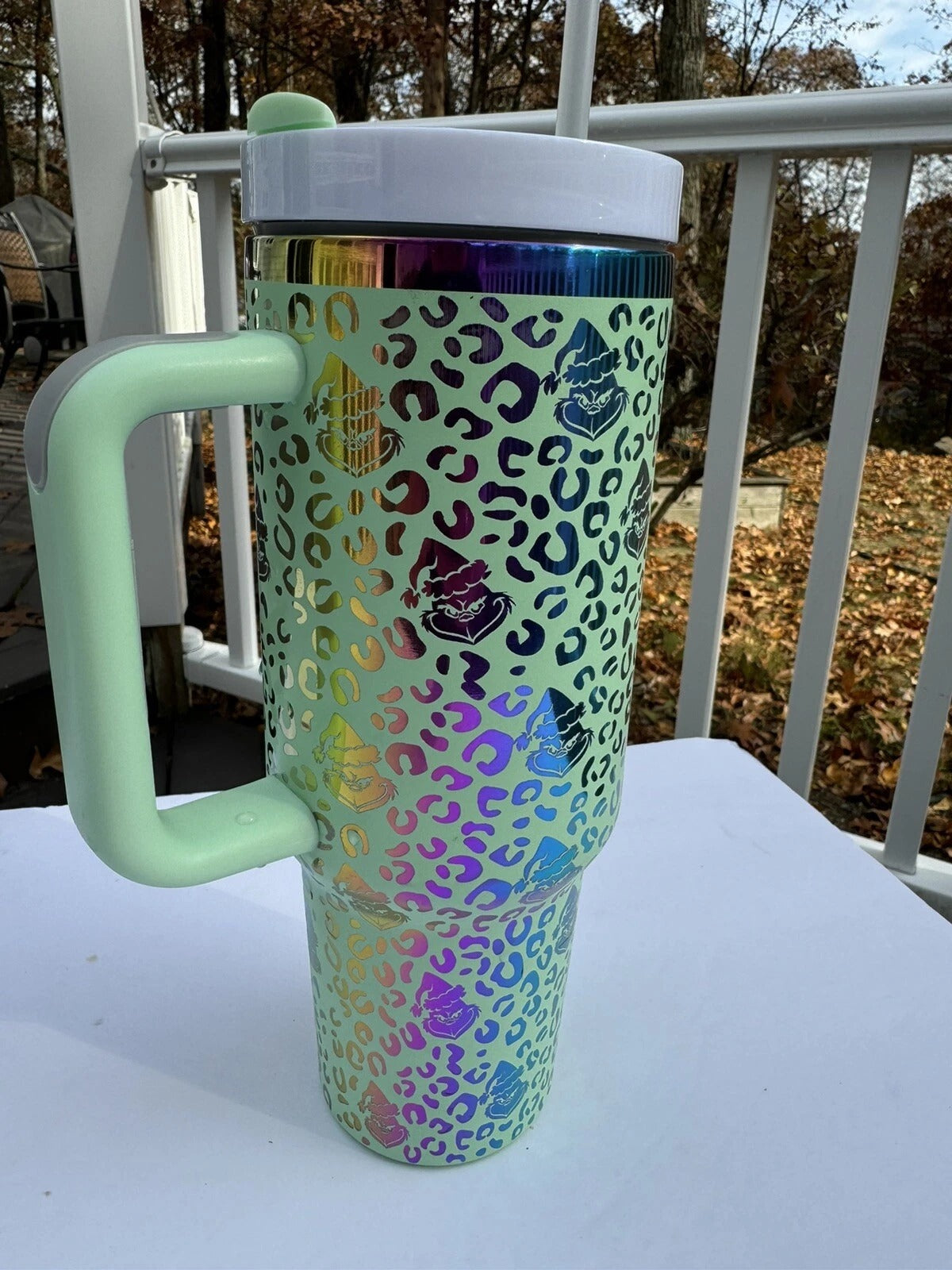 Grinch Leopard Print Tumbler, Funny Christmas Mug with Handle and Straw, Holiday Gift for Grinch Lovers