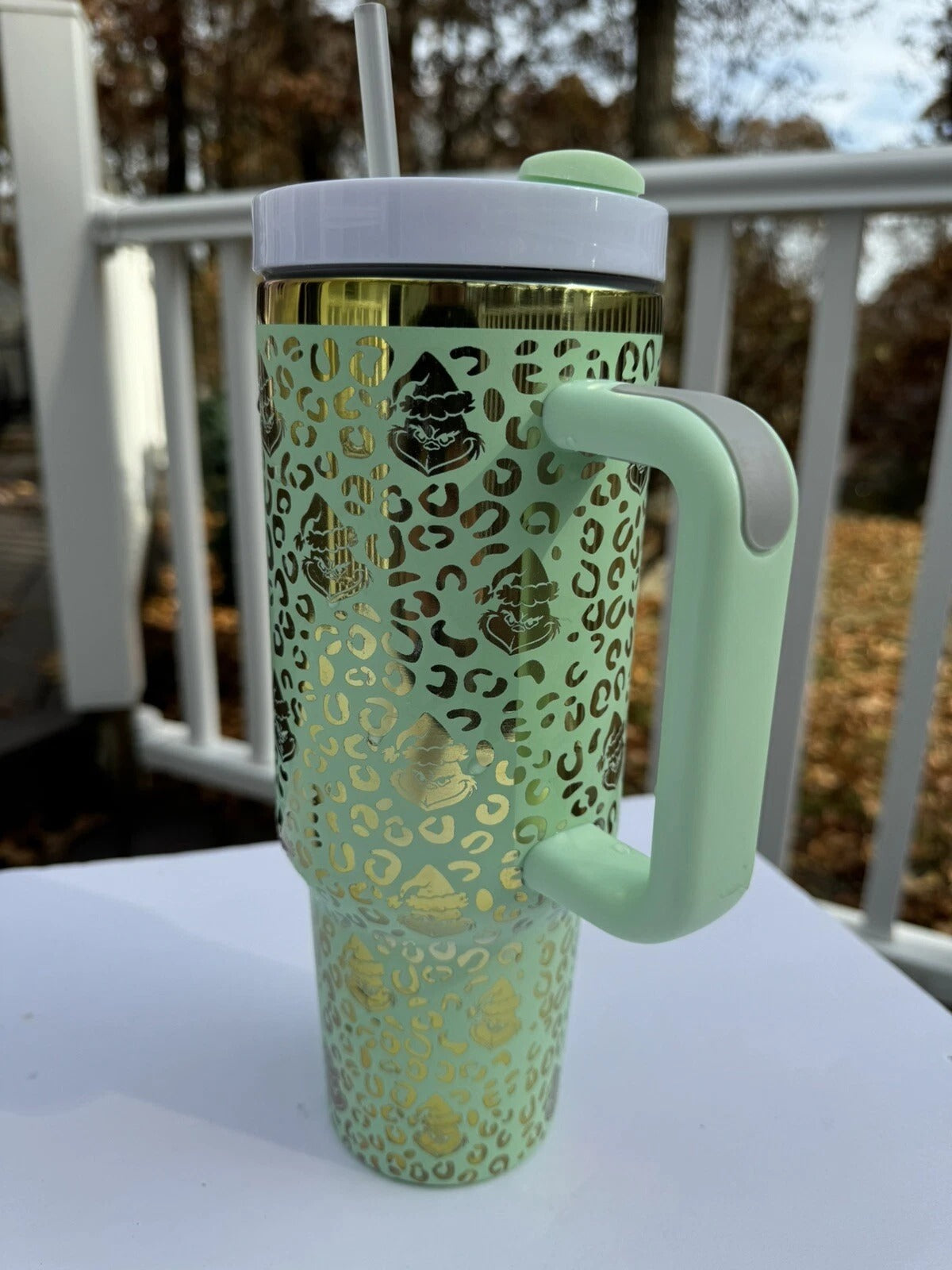 Grinch Leopard Print Tumbler, Funny Christmas Mug with Handle and Straw, Holiday Gift for Grinch Lovers