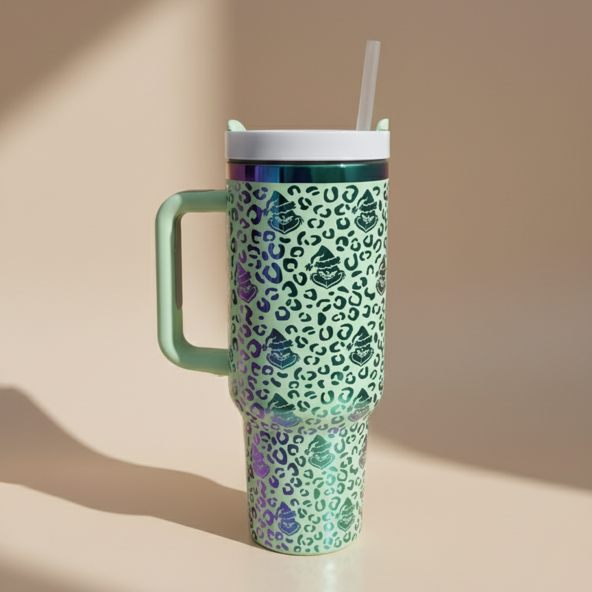 Grinch Leopard Print Tumbler, Funny Christmas Mug with Handle and Straw, Holiday Gift for Grinch Lovers