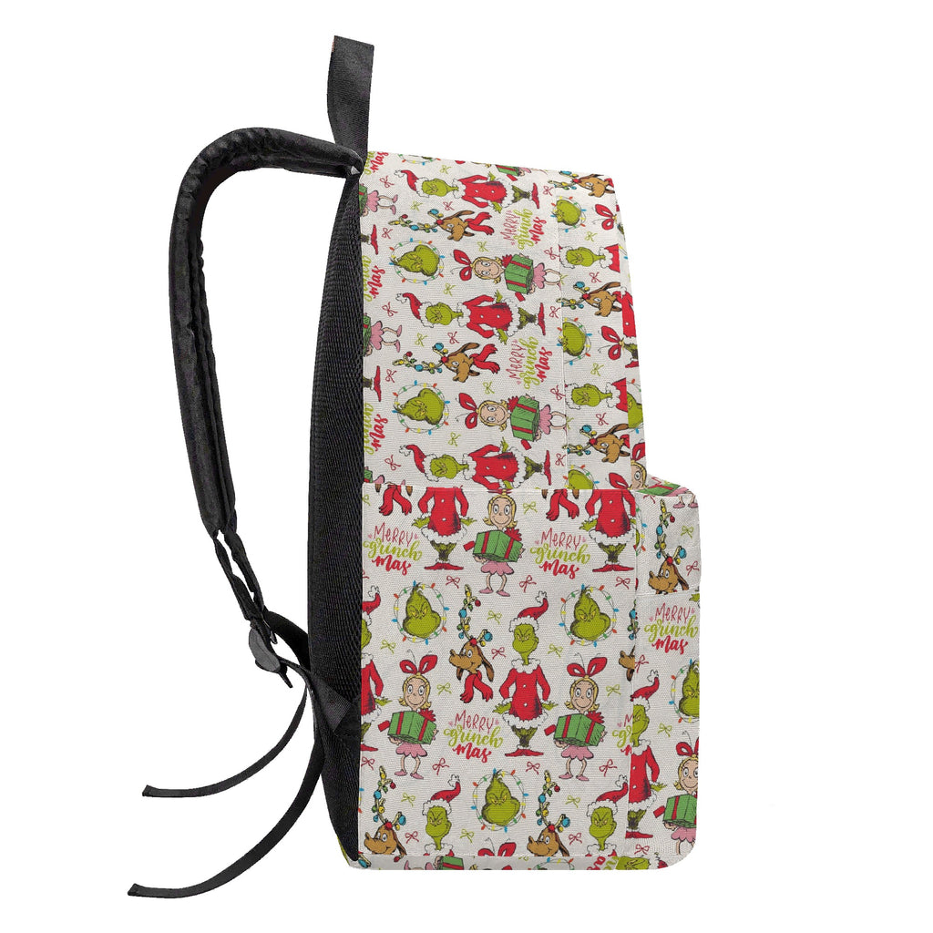 Grinch Merry Much Mas Backpack, Cute Holiday Character Pattern, Funny Christmas Gift Bag, Travel School Backpack BPGR38