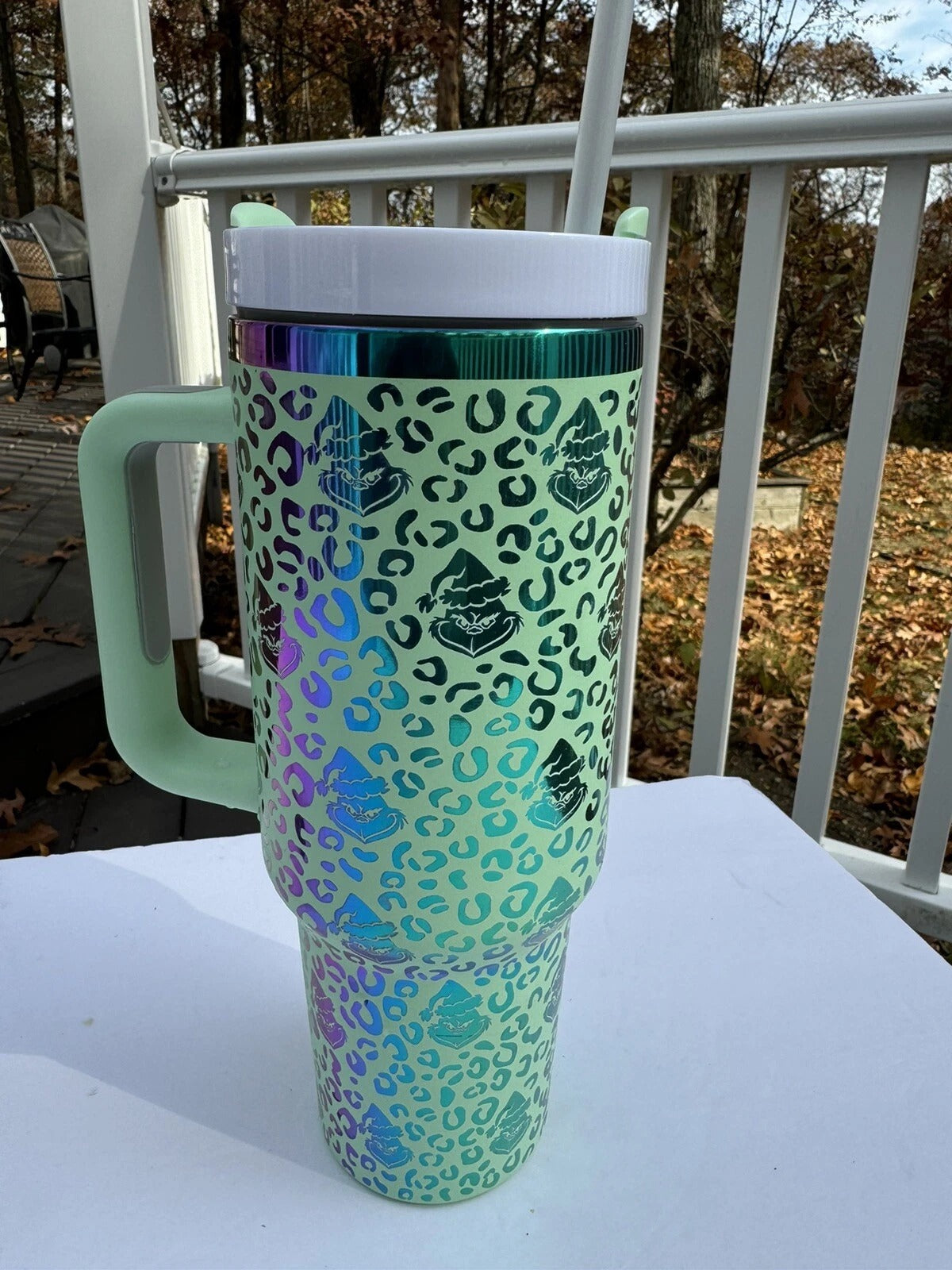 Grinch Leopard Print Tumbler, Funny Christmas Mug with Handle and Straw, Holiday Gift for Grinch Lovers