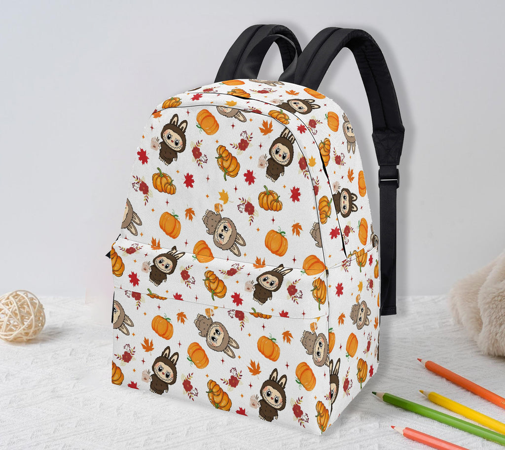 Fall Labubu Backpack, Autumn Pumpkin & Leaves Cartoon School Bag, Cute Thanksgiving Labubu Bookbag for Kids & Fans BPGR02