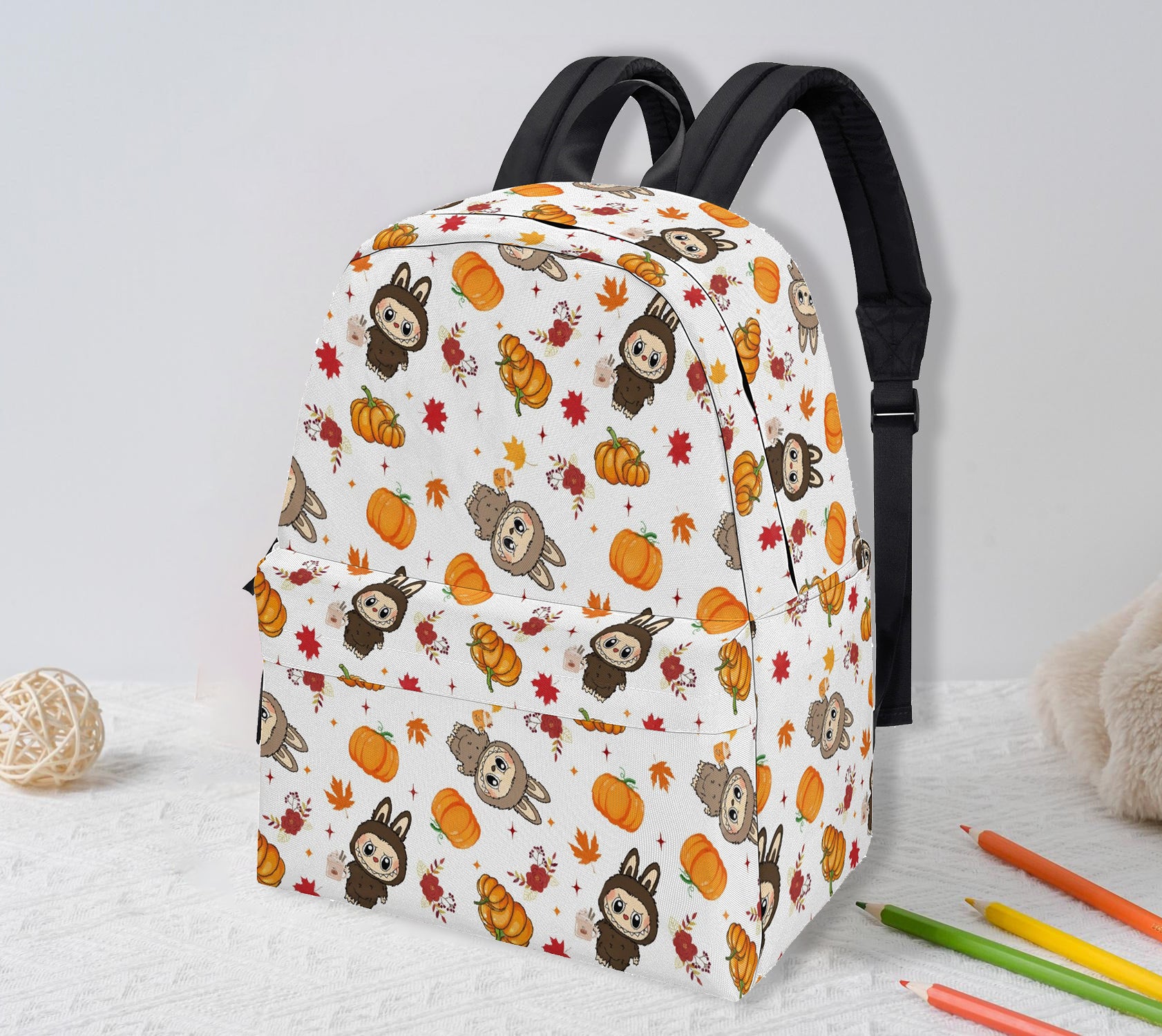 Fall Labubu Backpack, Autumn Pumpkin & Leaves Cartoon School Bag, Cute Thanksgiving Labubu Bookbag for Kids & Fans BPGR02