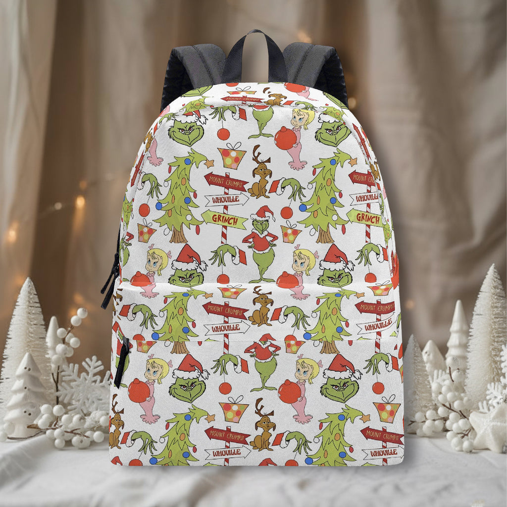 Whoville Grinch Backpack, Christmas Tree and Character Pattern, Funny Holiday Gift Bag, Travel School Backpack BPGR39
