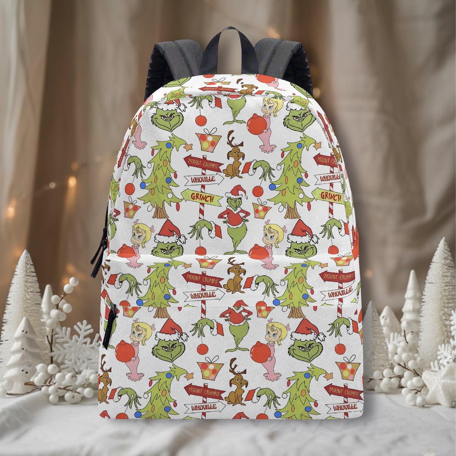 Whoville Grinch Backpack, Christmas Tree and Character Pattern, Funny Holiday Gift Bag, Travel School Backpack BPGR39