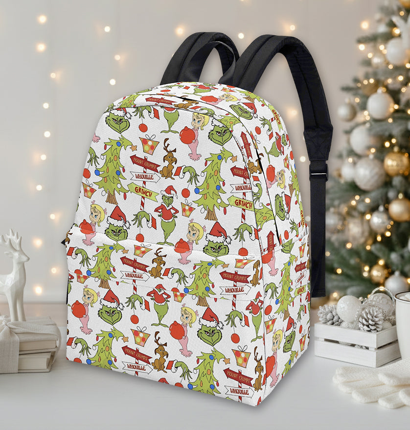 Whoville Grinch Backpack, Christmas Tree and Character Pattern, Funny Holiday Gift Bag, Travel School Backpack BPGR39