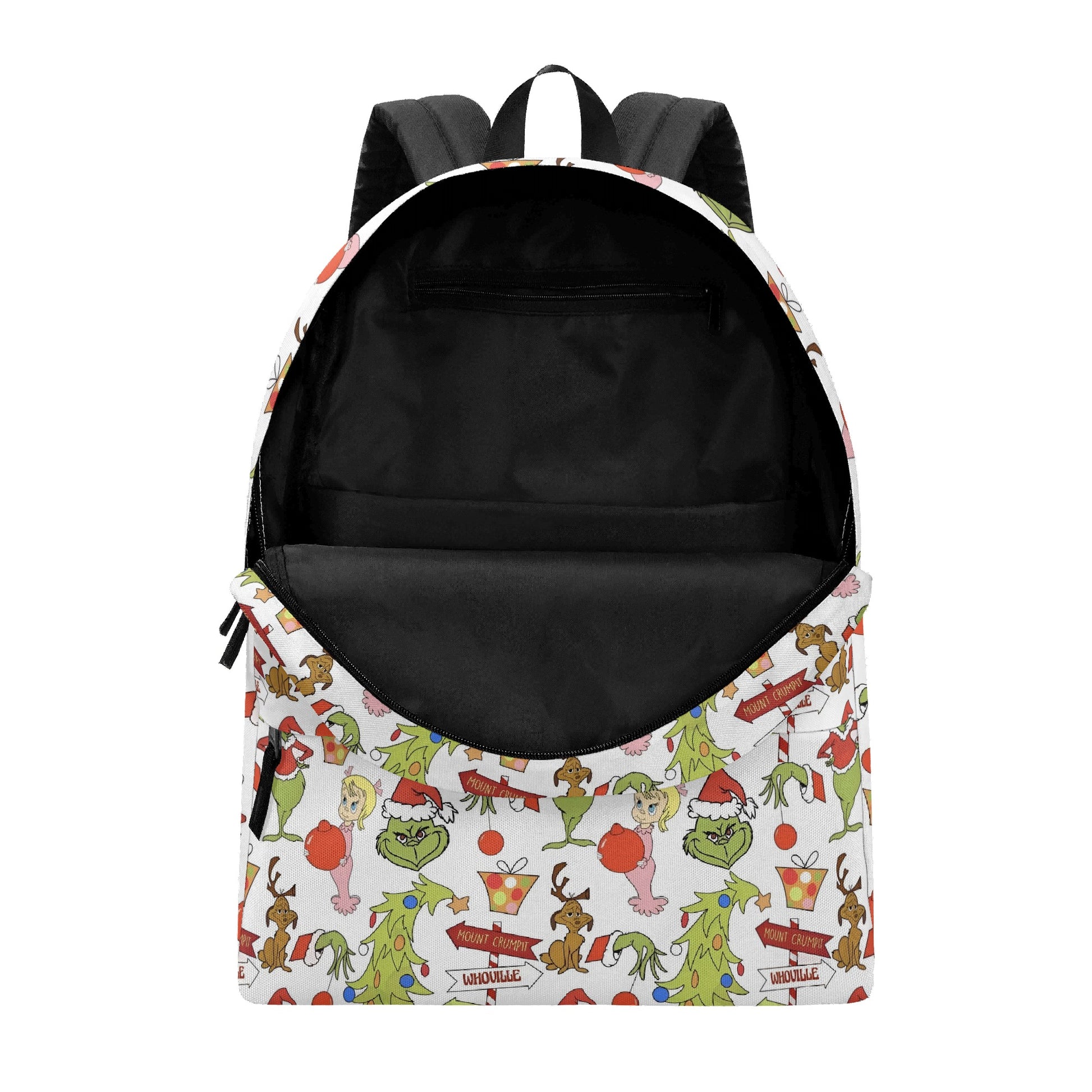 Whoville Grinch Backpack, Christmas Tree and Character Pattern, Funny Holiday Gift Bag, Travel School Backpack BPGR39