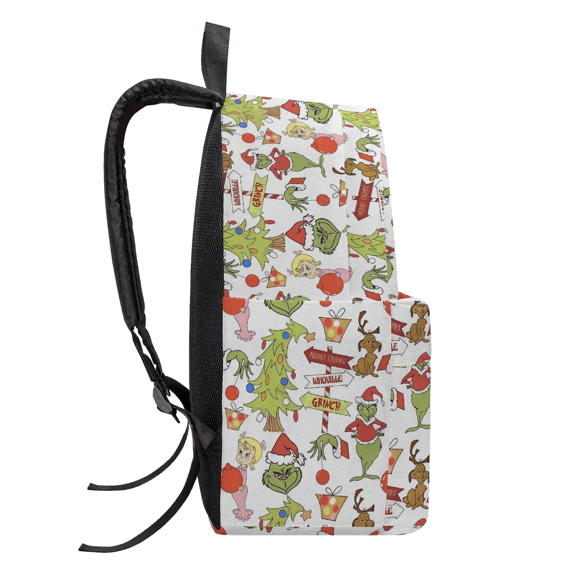 Whoville Grinch Backpack, Christmas Tree and Character Pattern, Funny Holiday Gift Bag, Travel School Backpack BPGR39