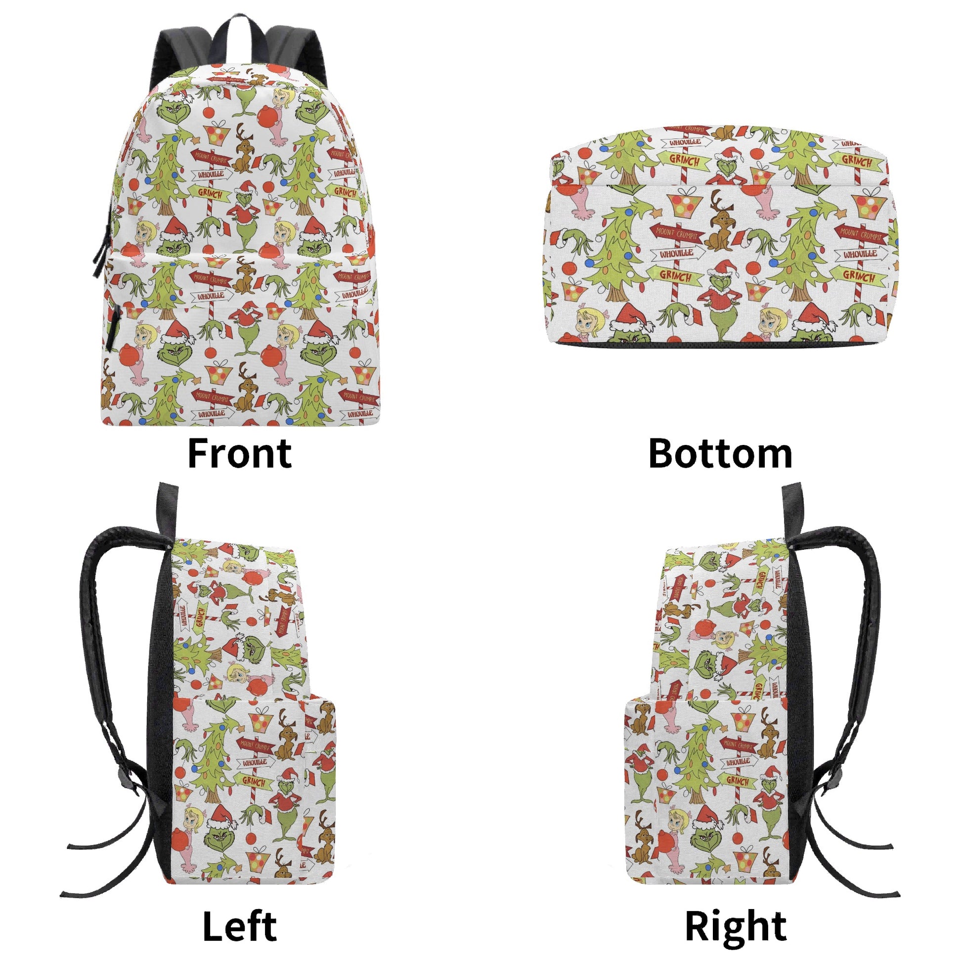 Whoville Grinch Backpack, Christmas Tree and Character Pattern, Funny Holiday Gift Bag, Travel School Backpack BPGR39