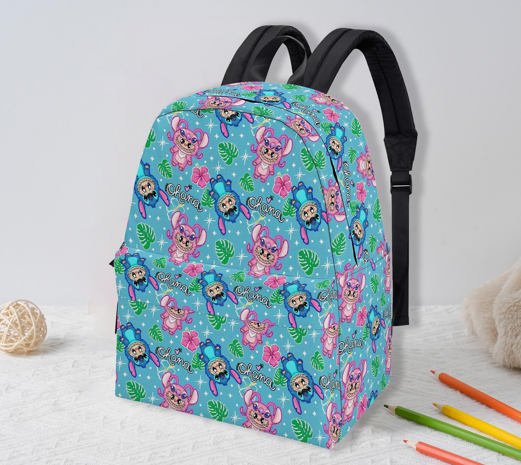 Cute Labubu Stitch & Angel Style Backpack, Custom Nam Labubu Backpack, Kawaii Cartoon School Bag for Kids & Fans, Blue Tropical Labubu Bookbag Gift BPGR01