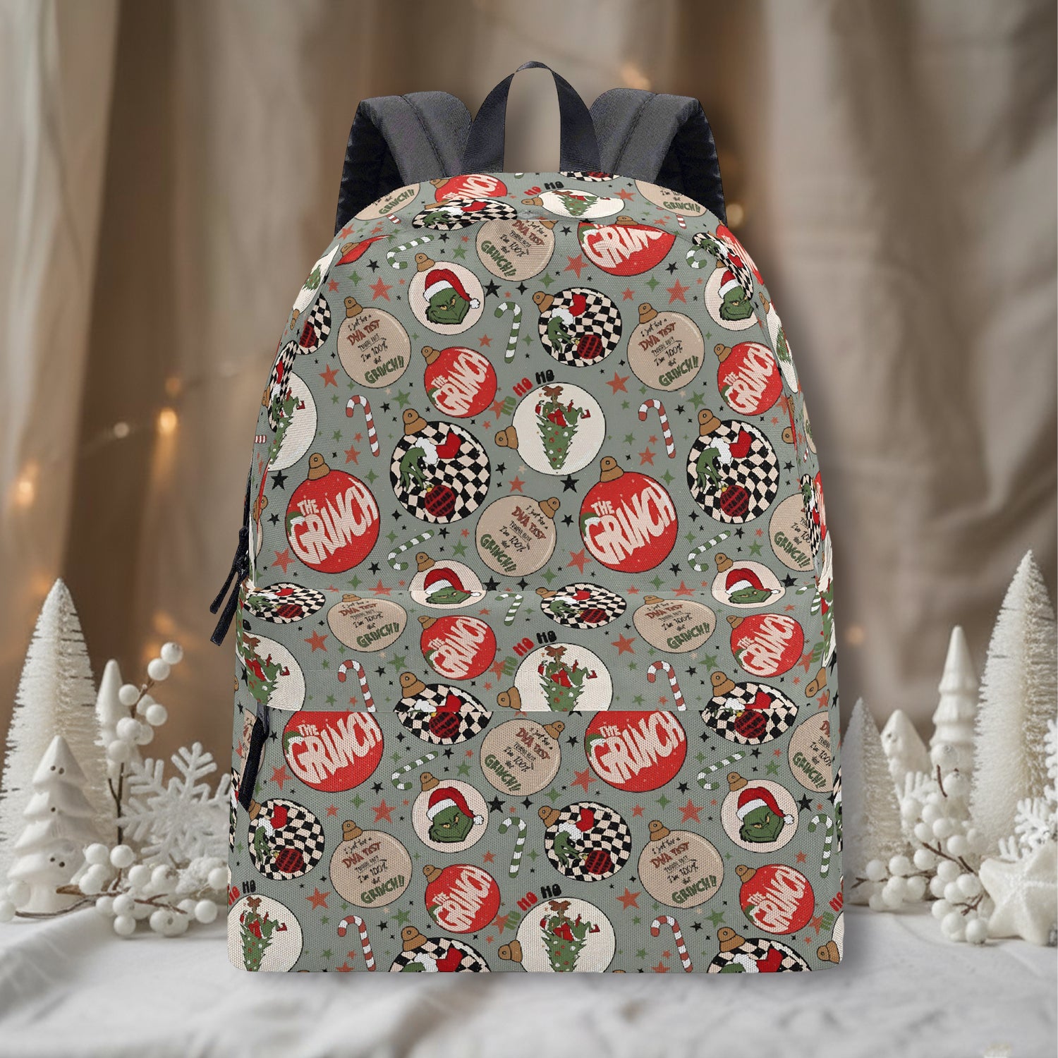 Grinch Ornament Backpack, Retro Holiday Ball Pattern, Christmas Gift Bag, Cute Travel School Backpack BPGR40