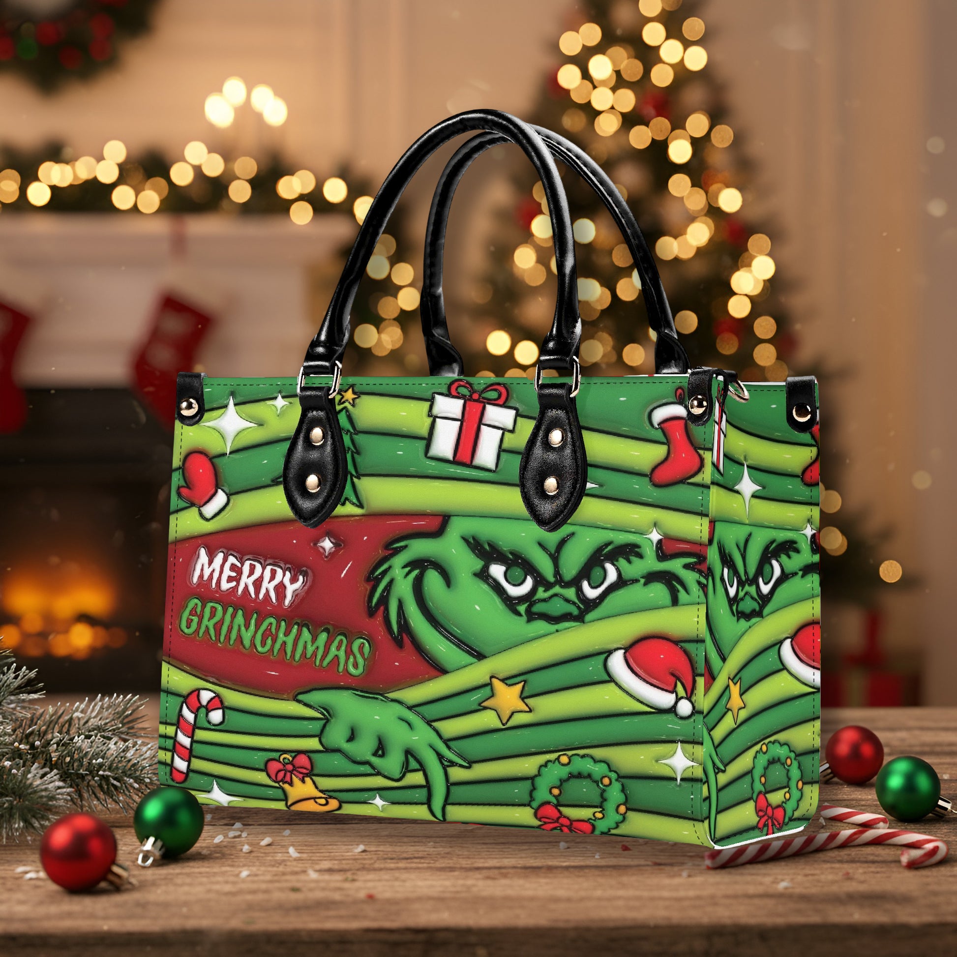 Merry Grinchmas Green Stripe HandBag, Christmas Gift Purse, Grinch Face Handbag, Holiday Party Accessory for Her